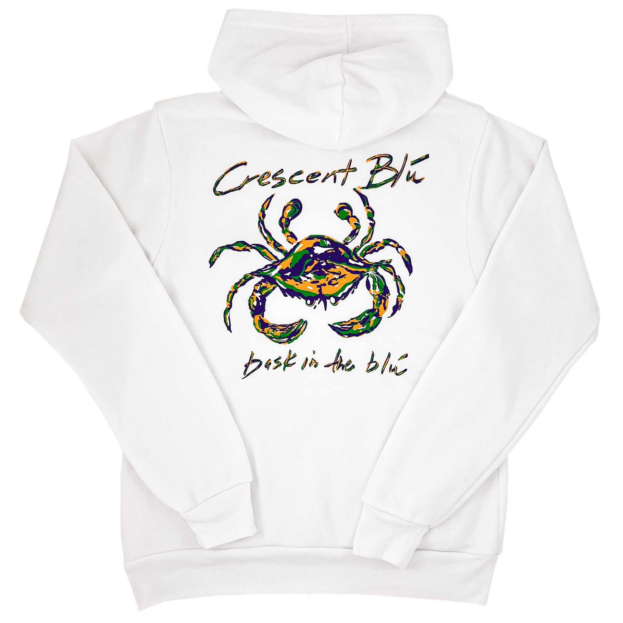 The back of a white hooded sweatshirt with a Mardi Gras colored crab and the words Crescent Blu above and bask in the blu below. 