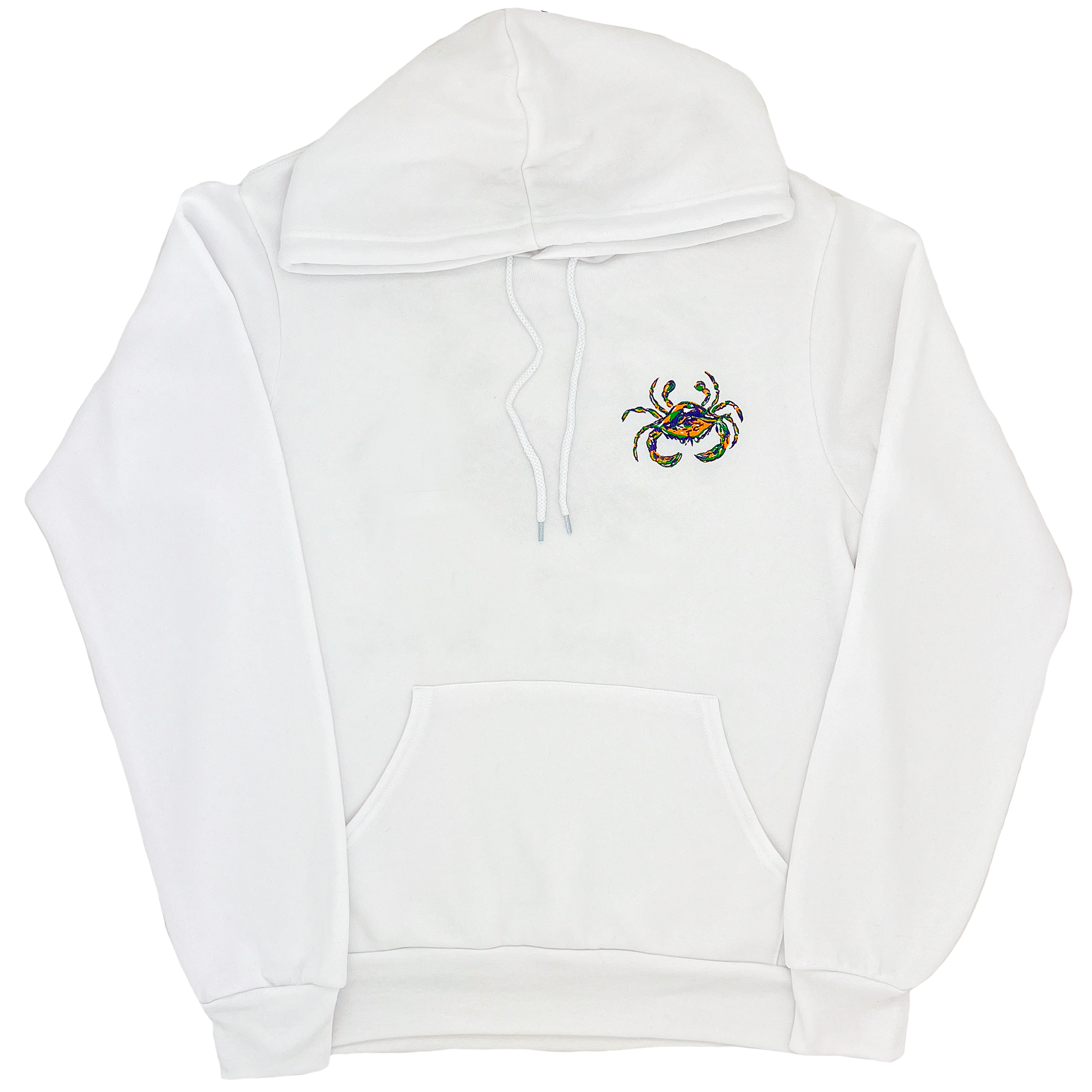 Front view of a white Mardi Gras sweatshirt with a kangaroo pouch, hood, drawcord and a Mardi Gras Crab hoodie sweatshirt on the left chest.