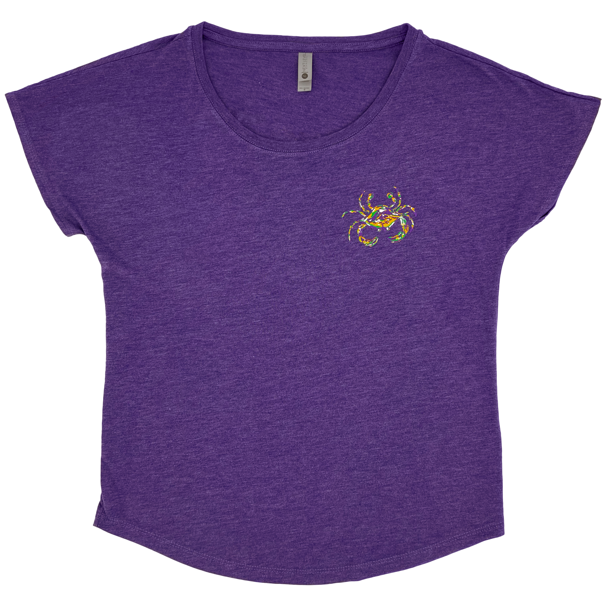 Front view of ladies purple short sleeve tee with mardi gras colored crab on upper left chest