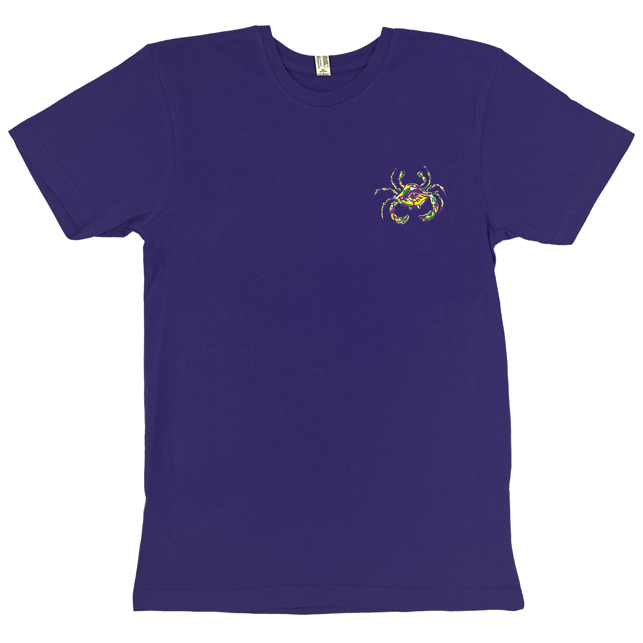A Mardi Gras T-shirt in dark purple with a Mardi Gras Crab on the left chest.