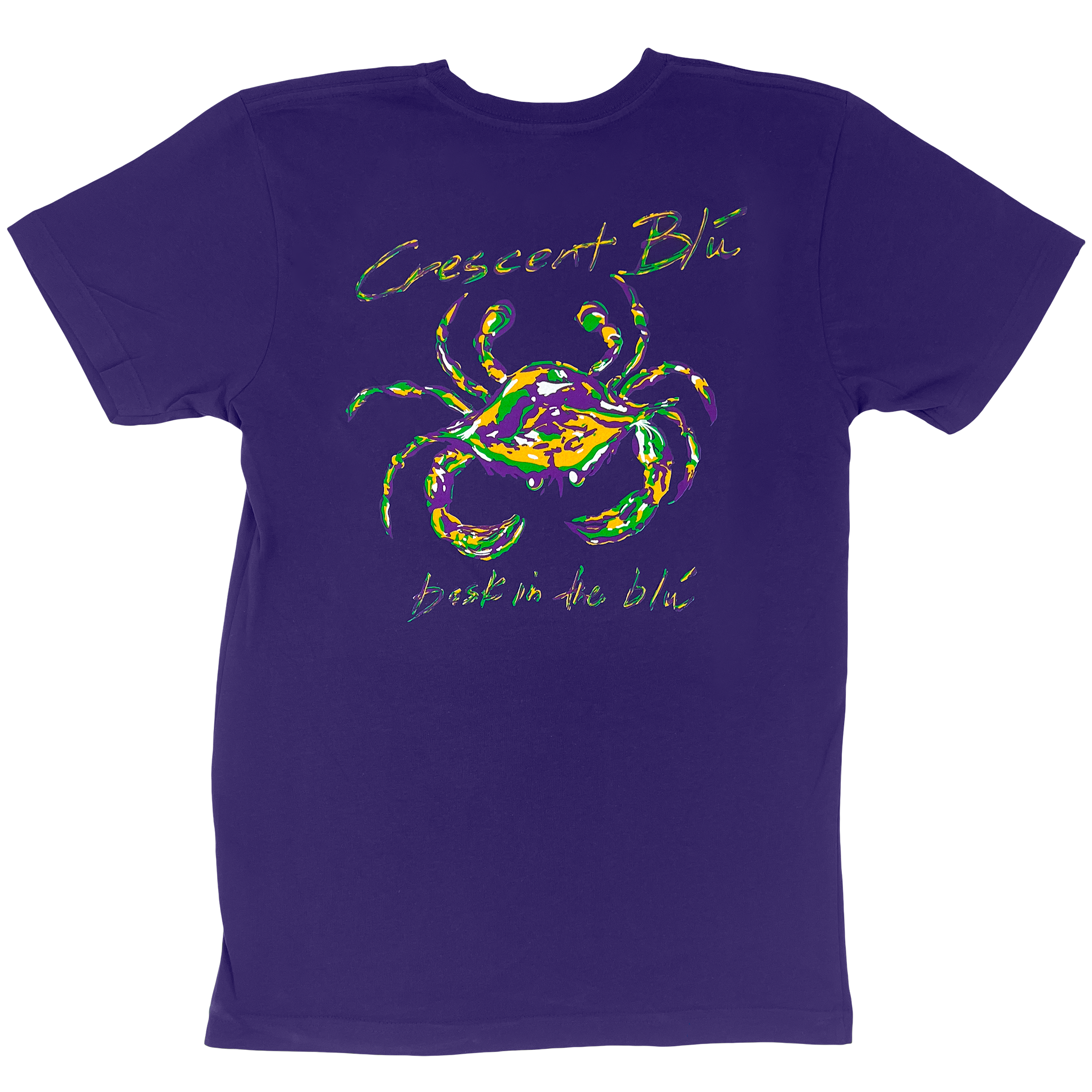 The back of  a purple short sleeve Mardi Gras shirt with a purple, green, and gold colored crab centered on it with the words Crescent Blu written above the crab and bask n the blu written below the crab. 