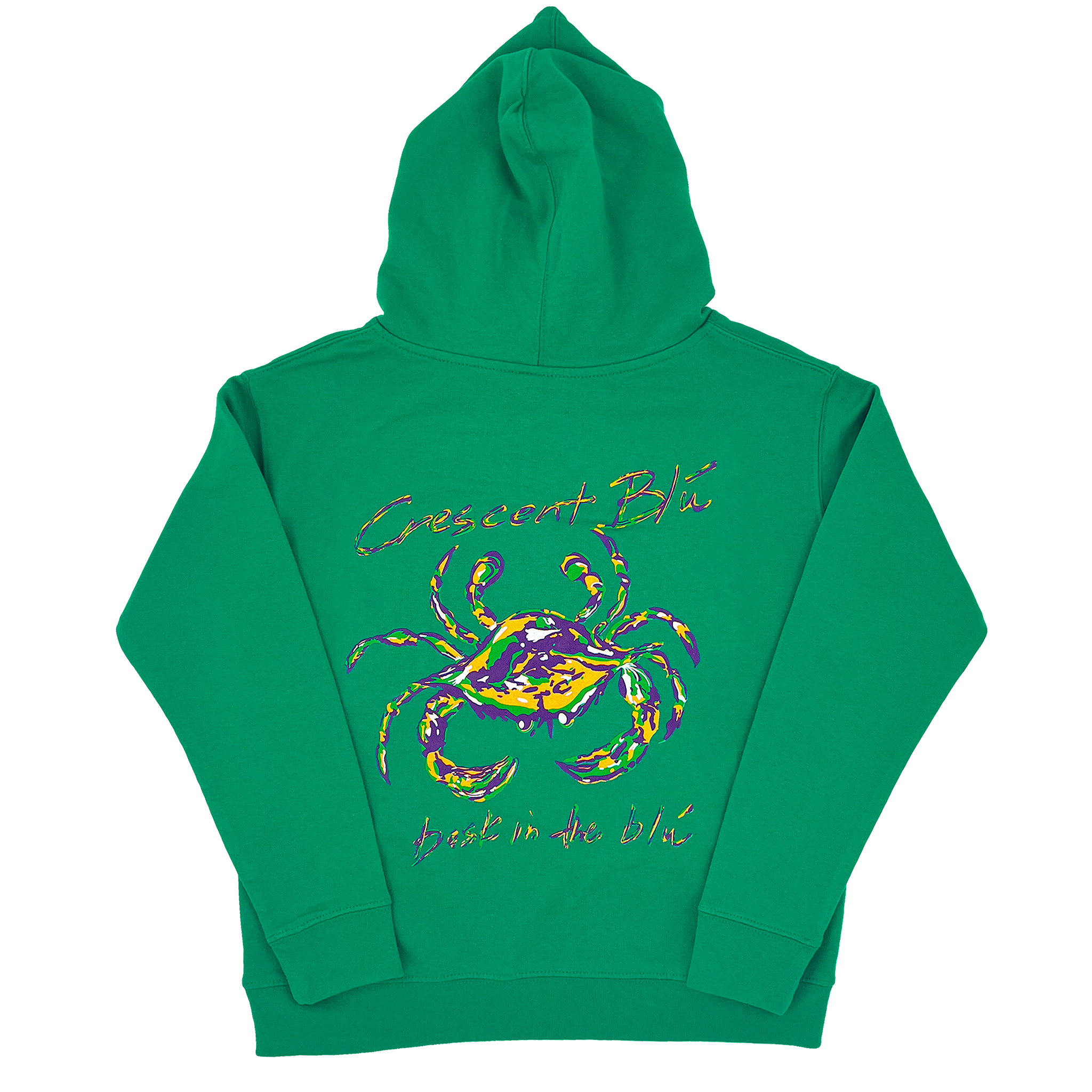 A green kids Mardi Gras sweatshirt with a hood and a pueple, green, and gold, crab on the back.