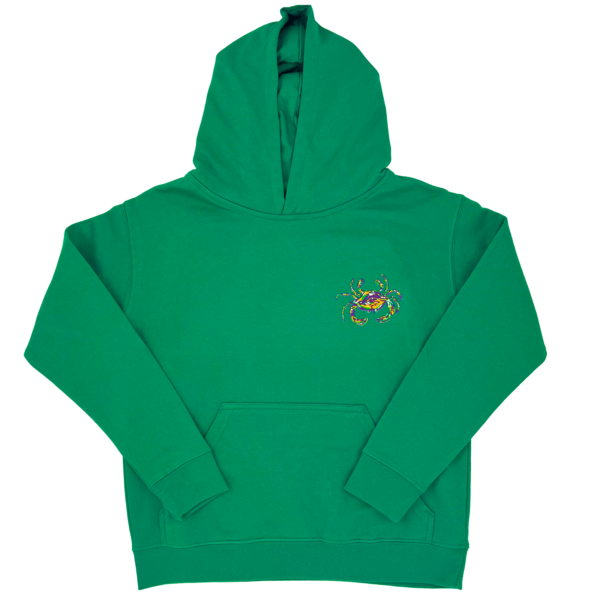 A green kids Mardi Gras sweatshirt with a front pouch and a hood and a Mardi Gras Crab on the front left chest. 