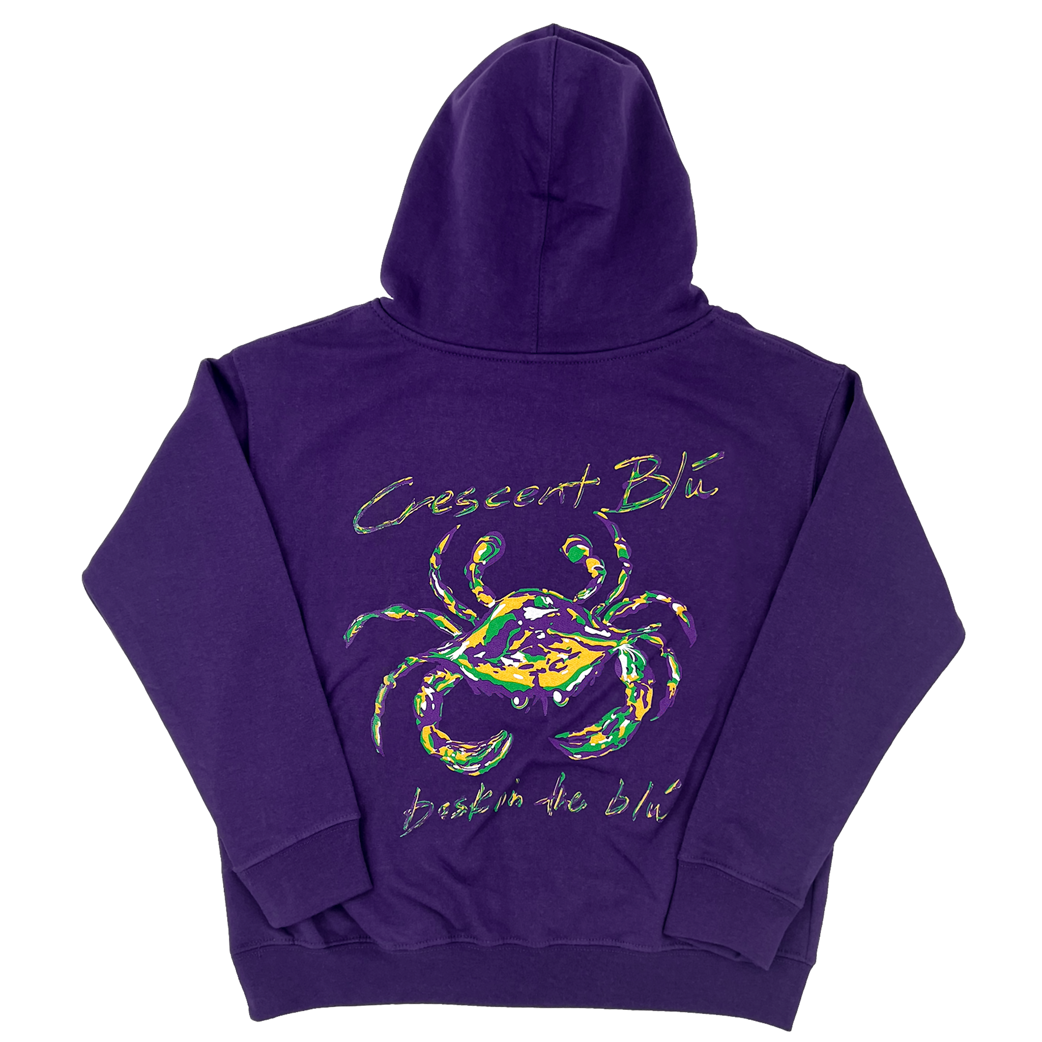 A purple youth Mardi Gras hoodie sweatshirt with a Mardi Gras Crab on the back.