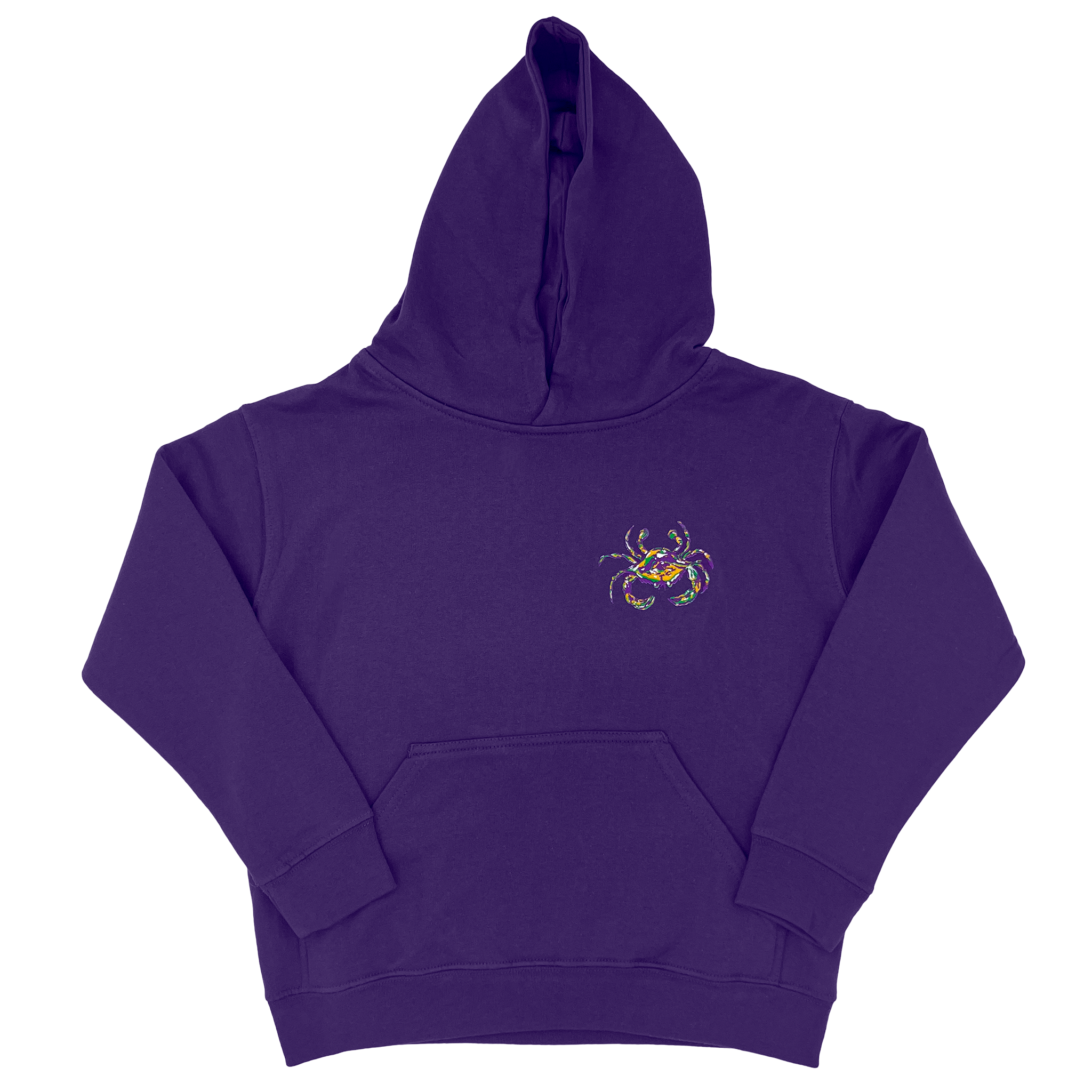 A kids purple Mardi Gras sweatshirt with a hood and a Mardi Gras Crab on the left chest.  
