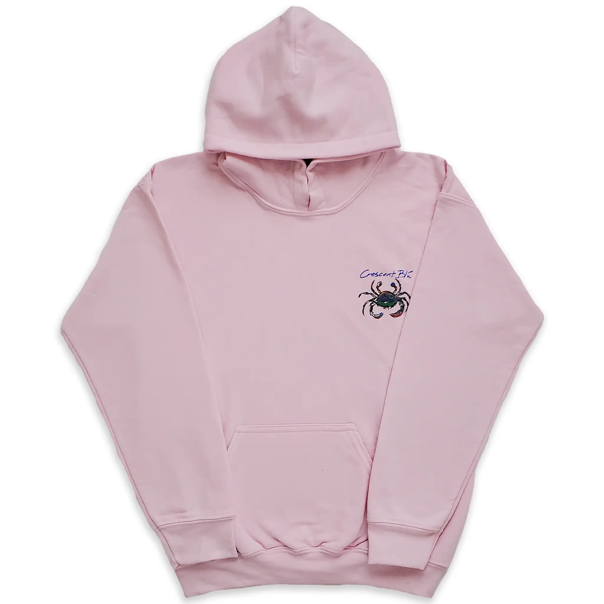 Classic pale pink hooded sweatshirt with Crescent Blu on the left chest above a multi-colored blue crab. Center pocket, ribbed cuffs. 