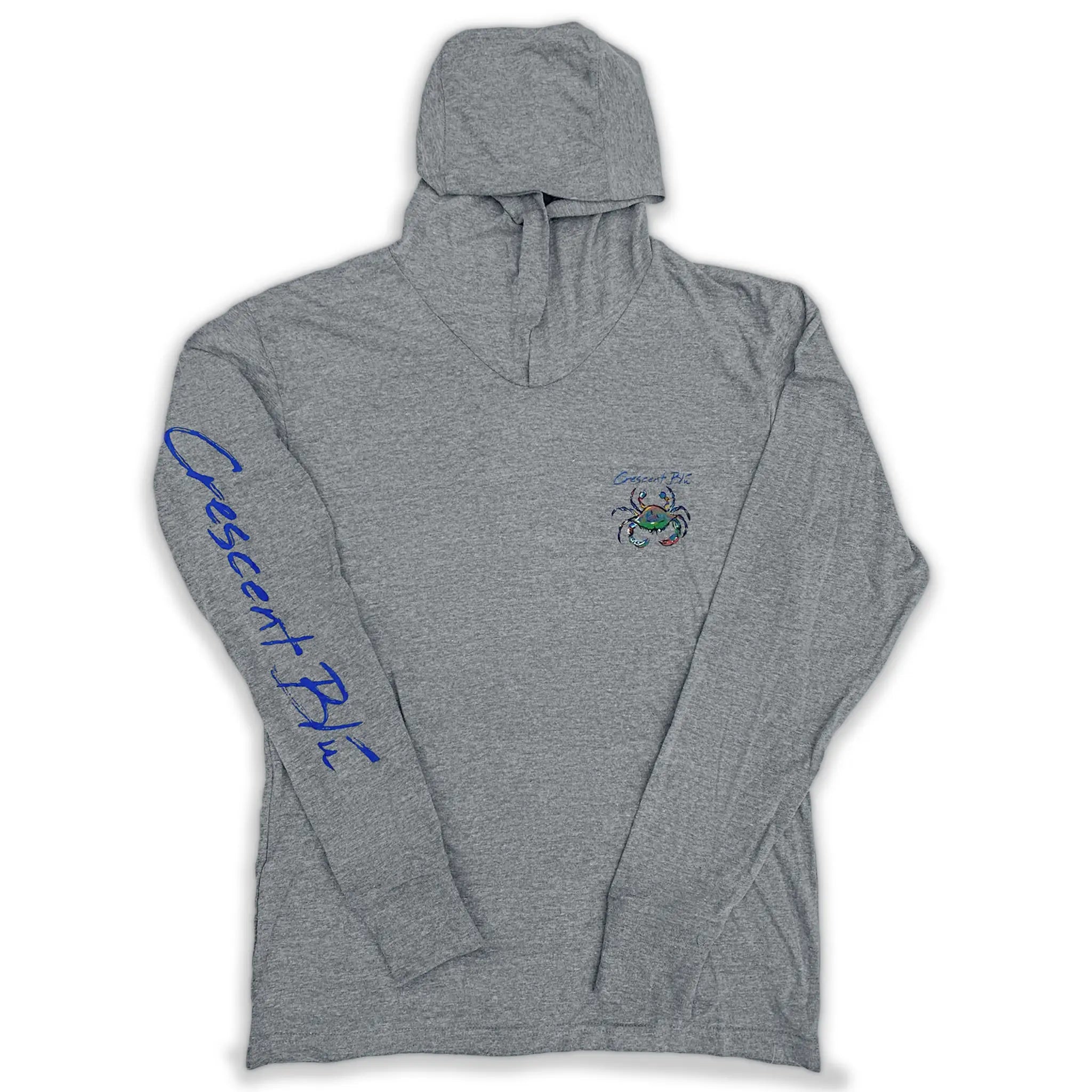 Gray hooded shirt with Crescent Blu down the right sleeve and a colorful blue crab on the left chest.