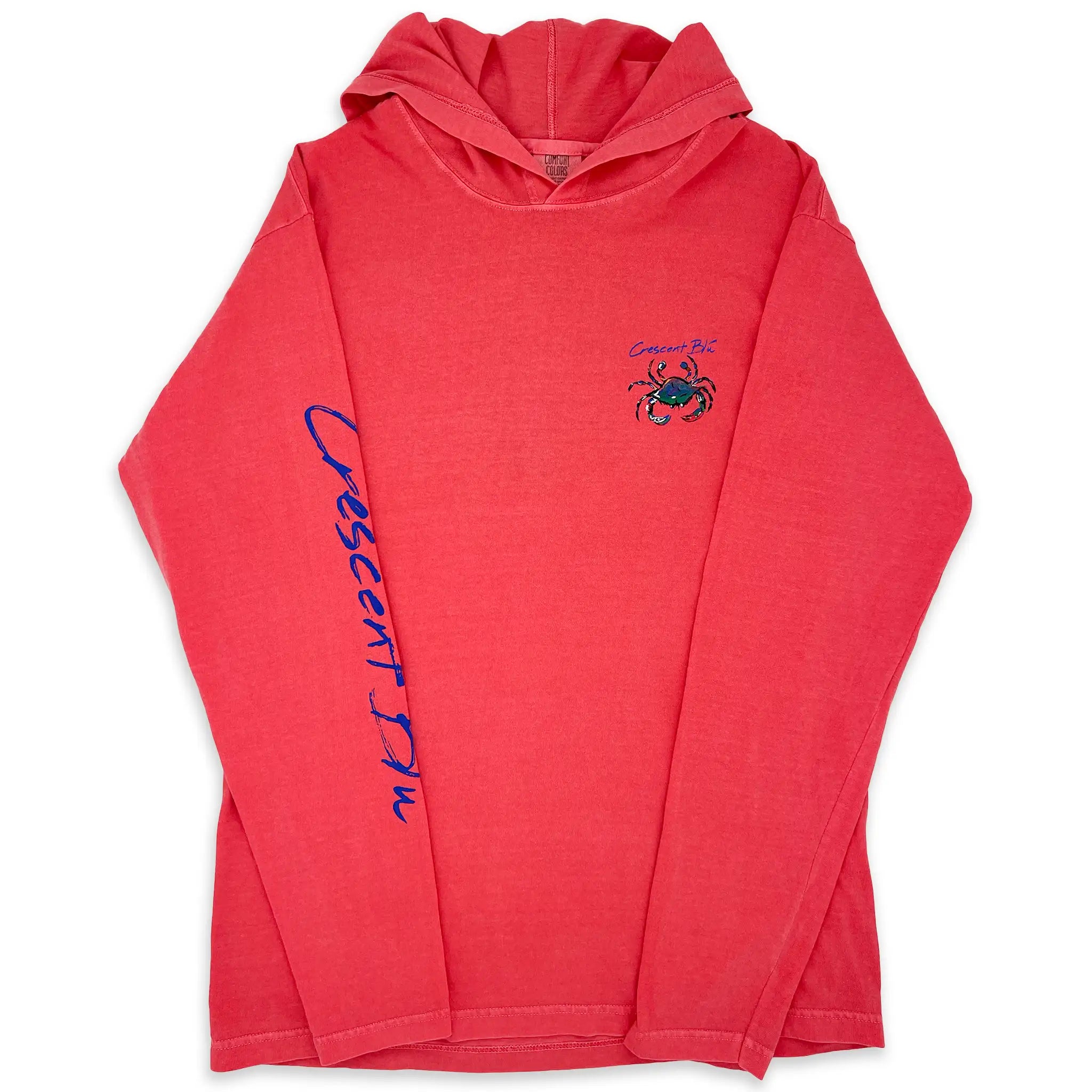 Front view of adult hoodie long sleeve T-shirt with small multi-colored crab logo on the left upper chest and Crescent Blu printed along the length of the right sleeve. 