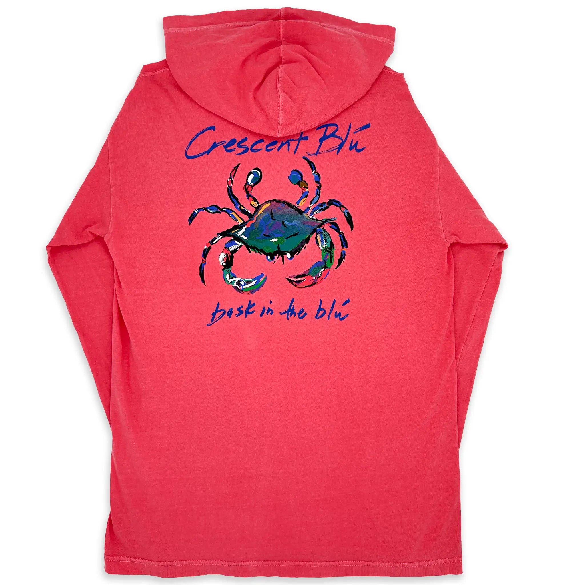 View of the back of a watermelon colored long sleeve hoodie t-shirt with large Crescent Blu multi-colored crab logo