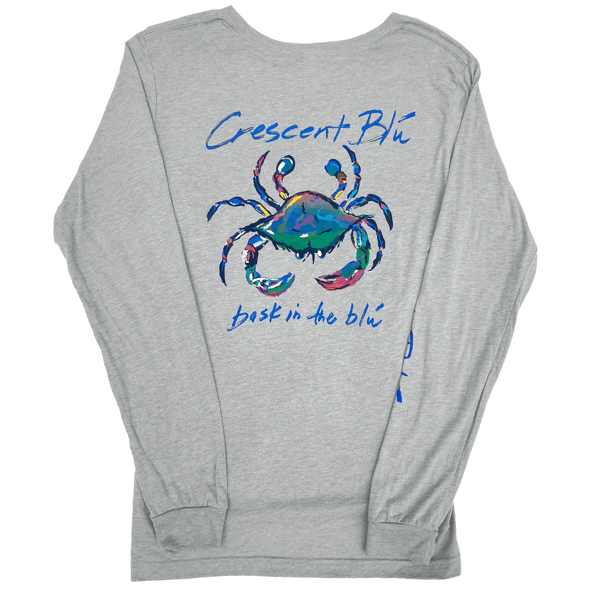 Back view of grey athletic heather long sleeve t-shirt with large multi-colored crab logo 