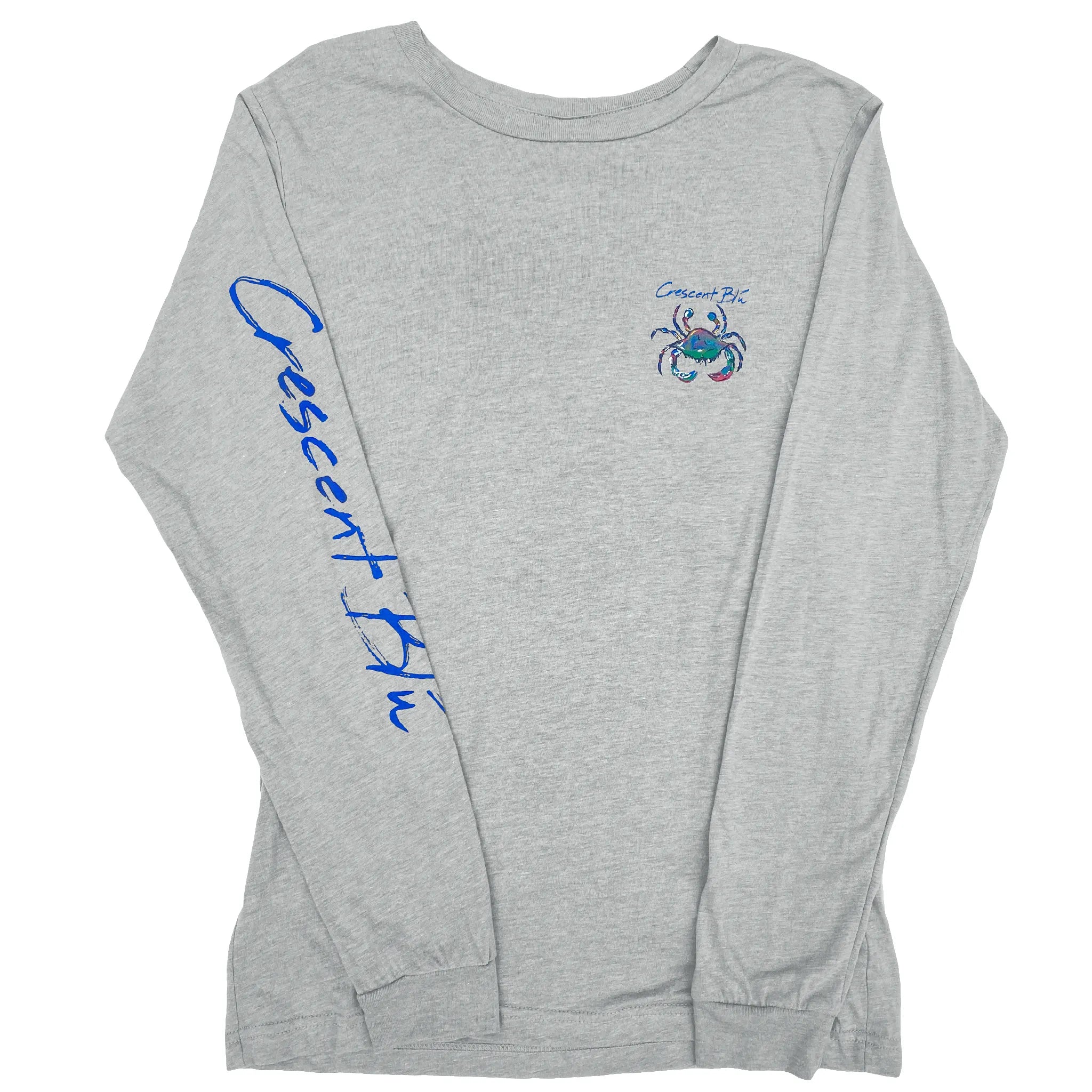 A grey long sleeve tee with small multi-blue crab on the upper front left chest with Crescent Blu printed the right sleeve. 