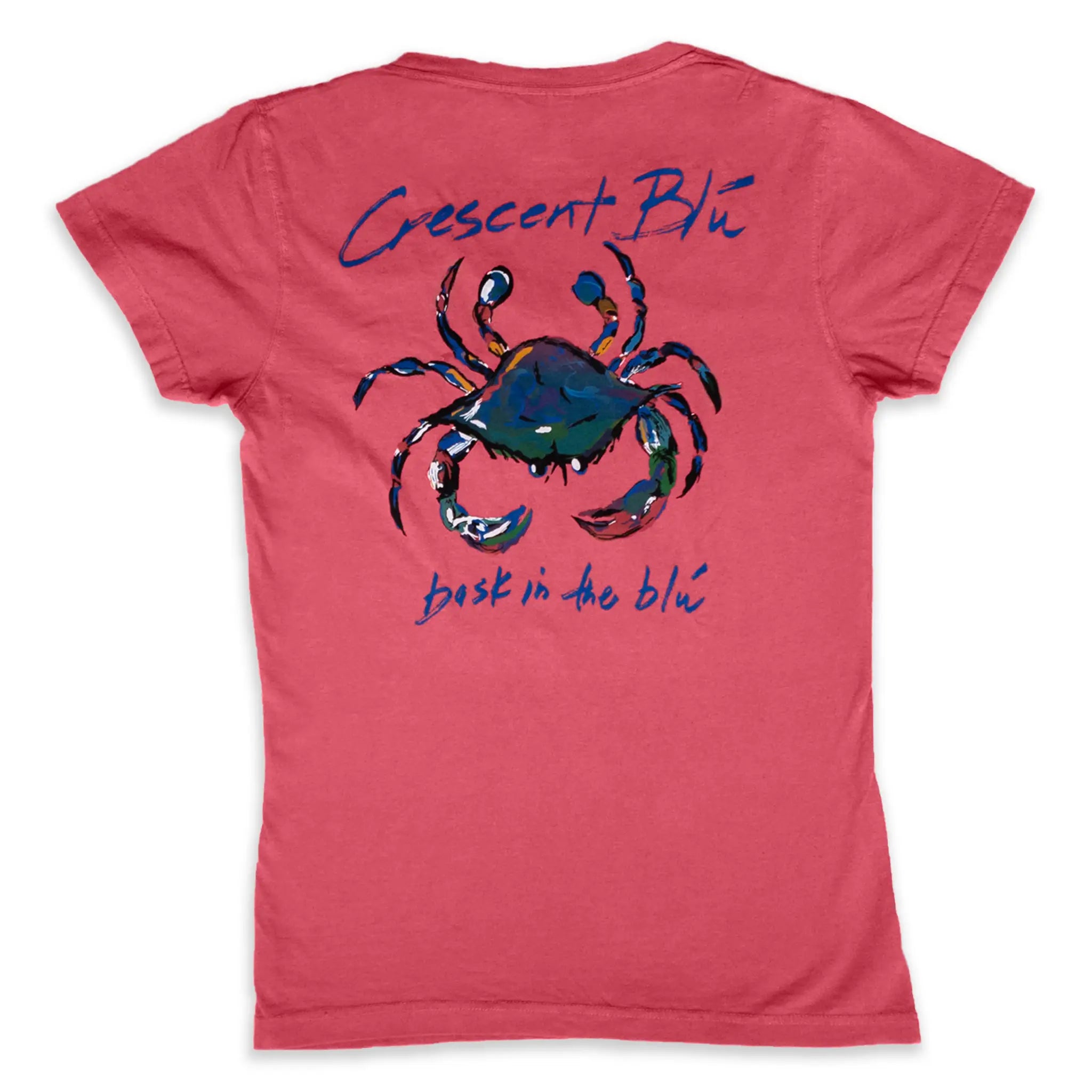 The backid a womens v-neck tee in large multi-colored blue crab on the back.