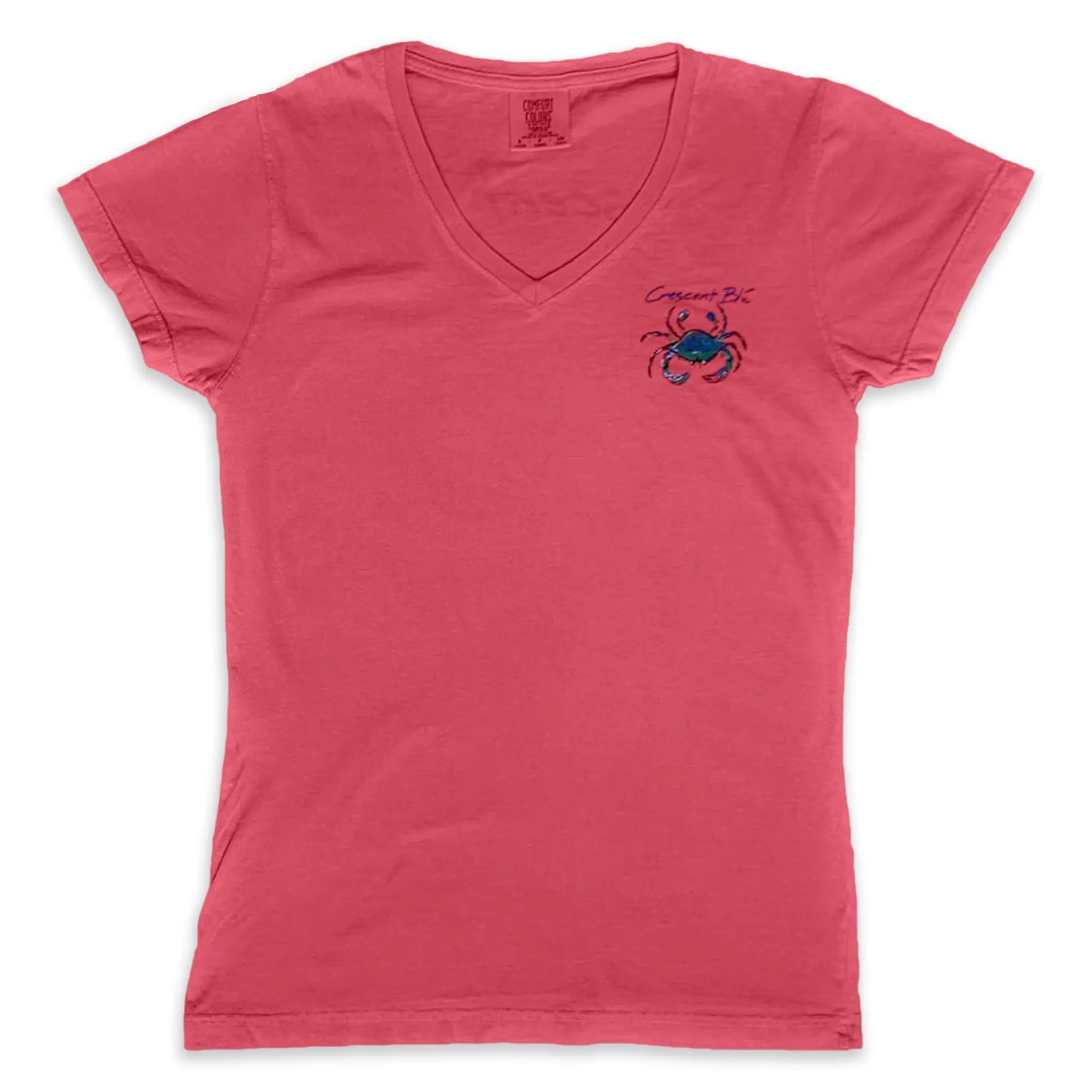 View of front of Watermelon colored women's V-neck short sleeve shirt with a small Crescent Blu signature crab logo on upper left chest.