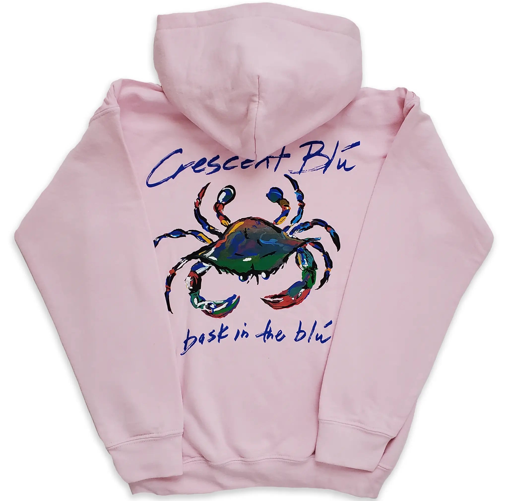Light pink kids sweatshirt with hood. ribbed cuff and hem, Crescent Blu's colorful blue crab logo centered on the back.