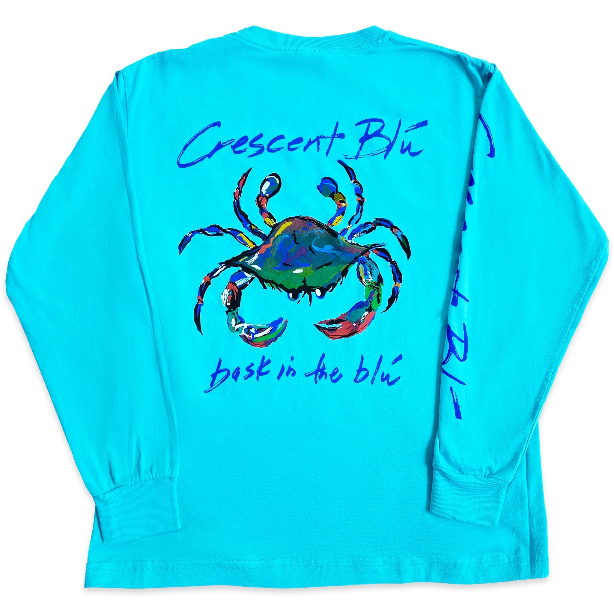 The back of a youth long sleeve t-shirt with a large crescent blu logo on the back.