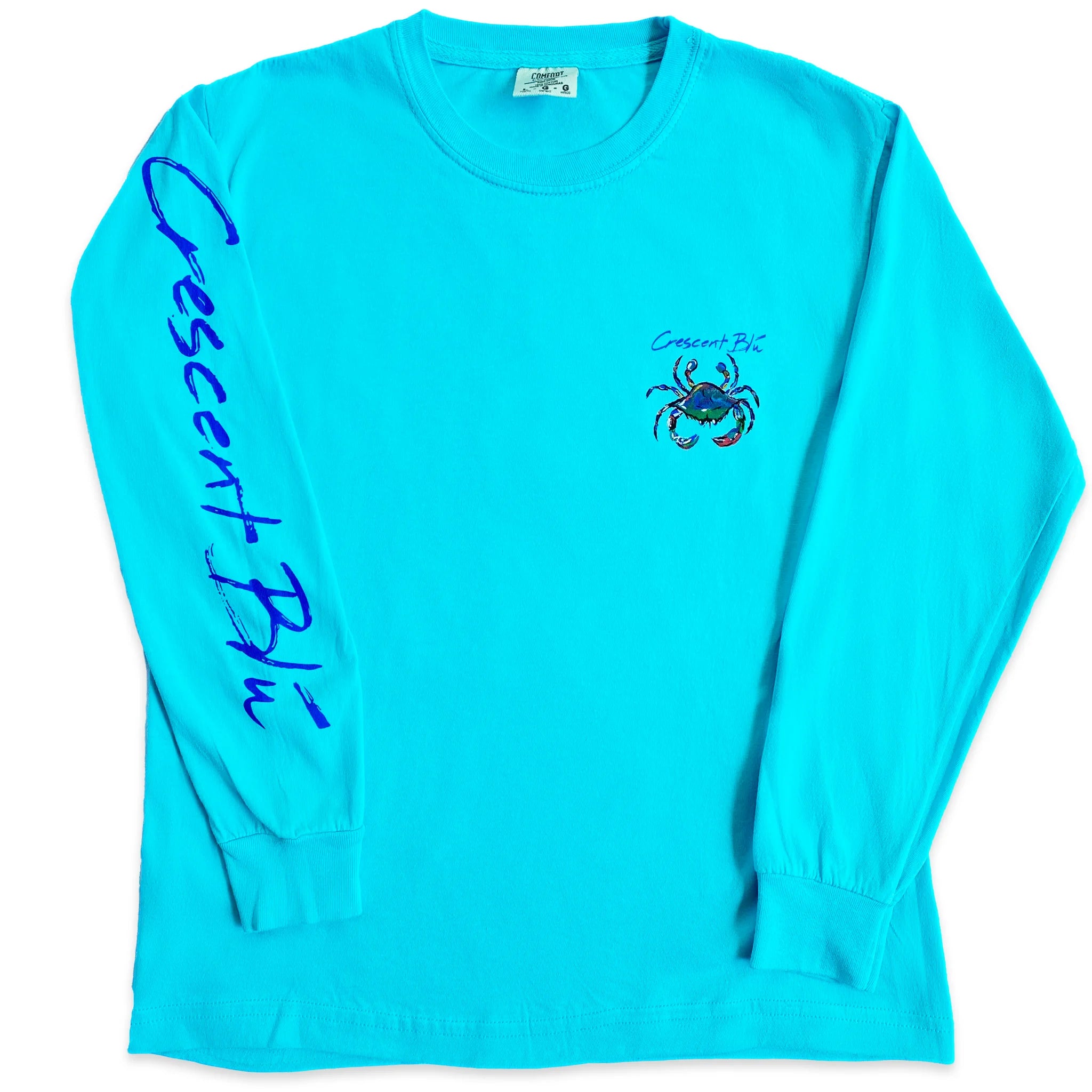 A long sleeve youth lagoon blue crescent blue t-shirt.