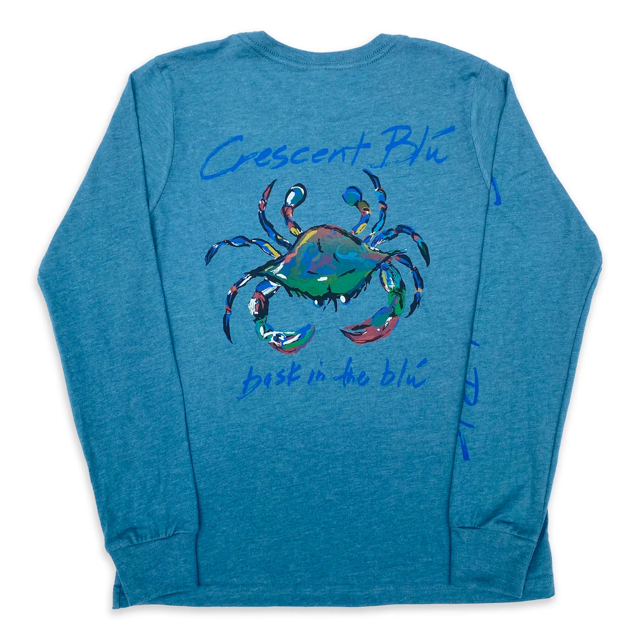 A long sleeve heather deep teal youth long sleeve t-shirt with a Crescent Blu crab logo on the back.