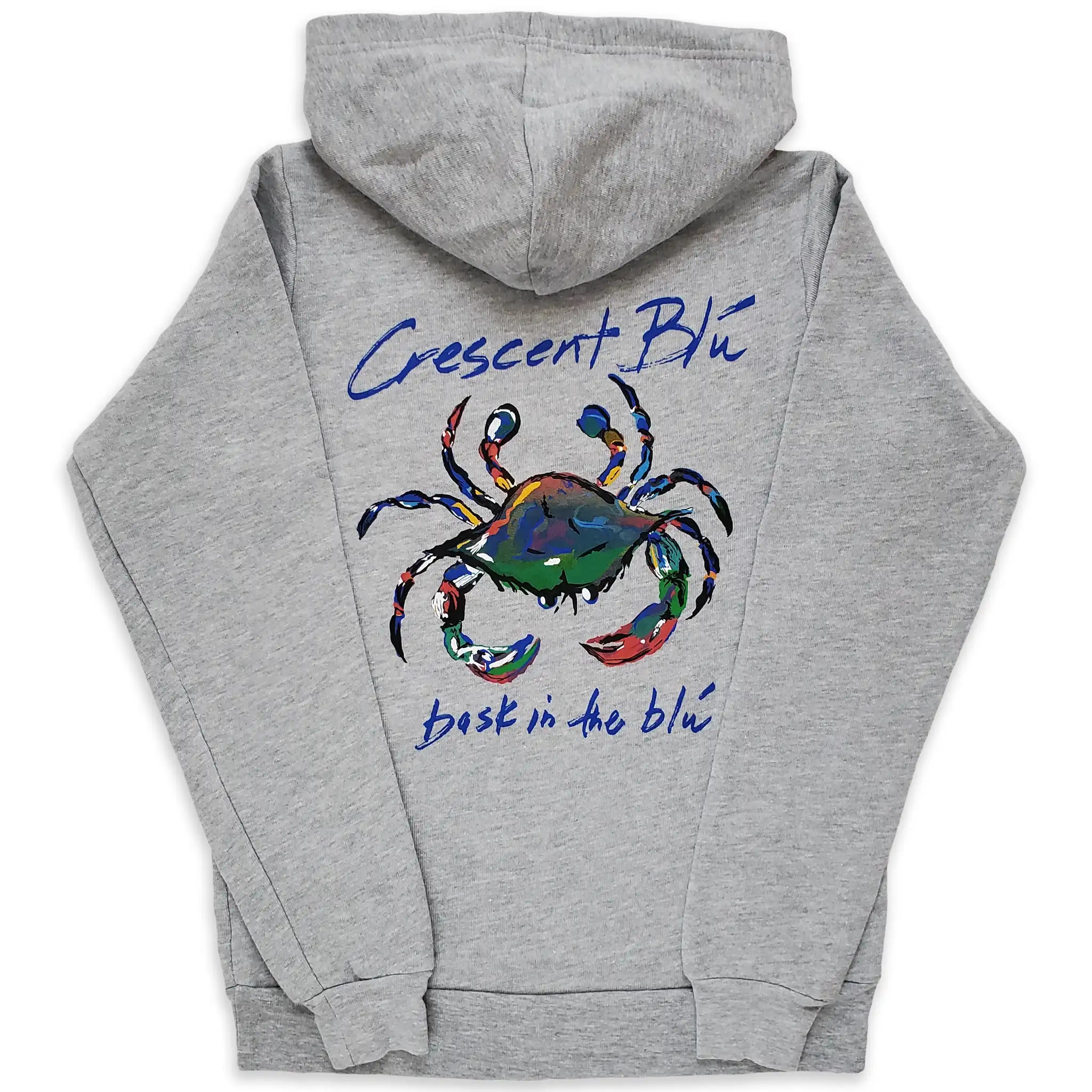 A Crescent Blu athletic heather gray youth sweatshirt with a hood.