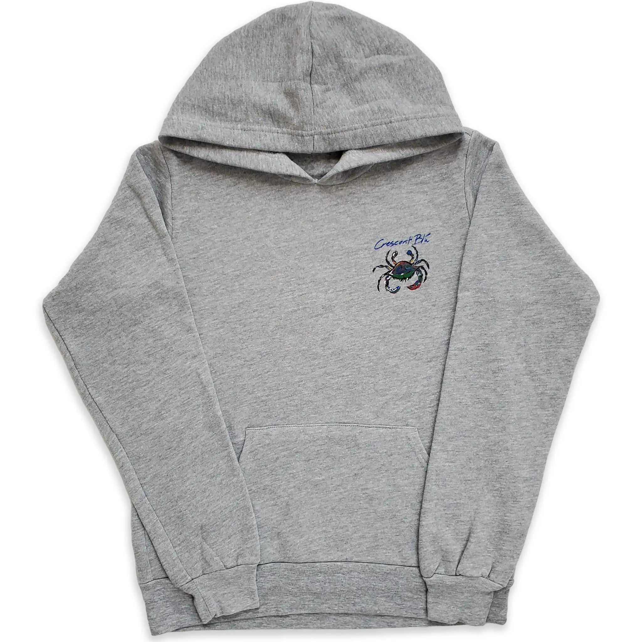 The front of a youth athletic heather gray sweatshirt with a hood and a front pouch.