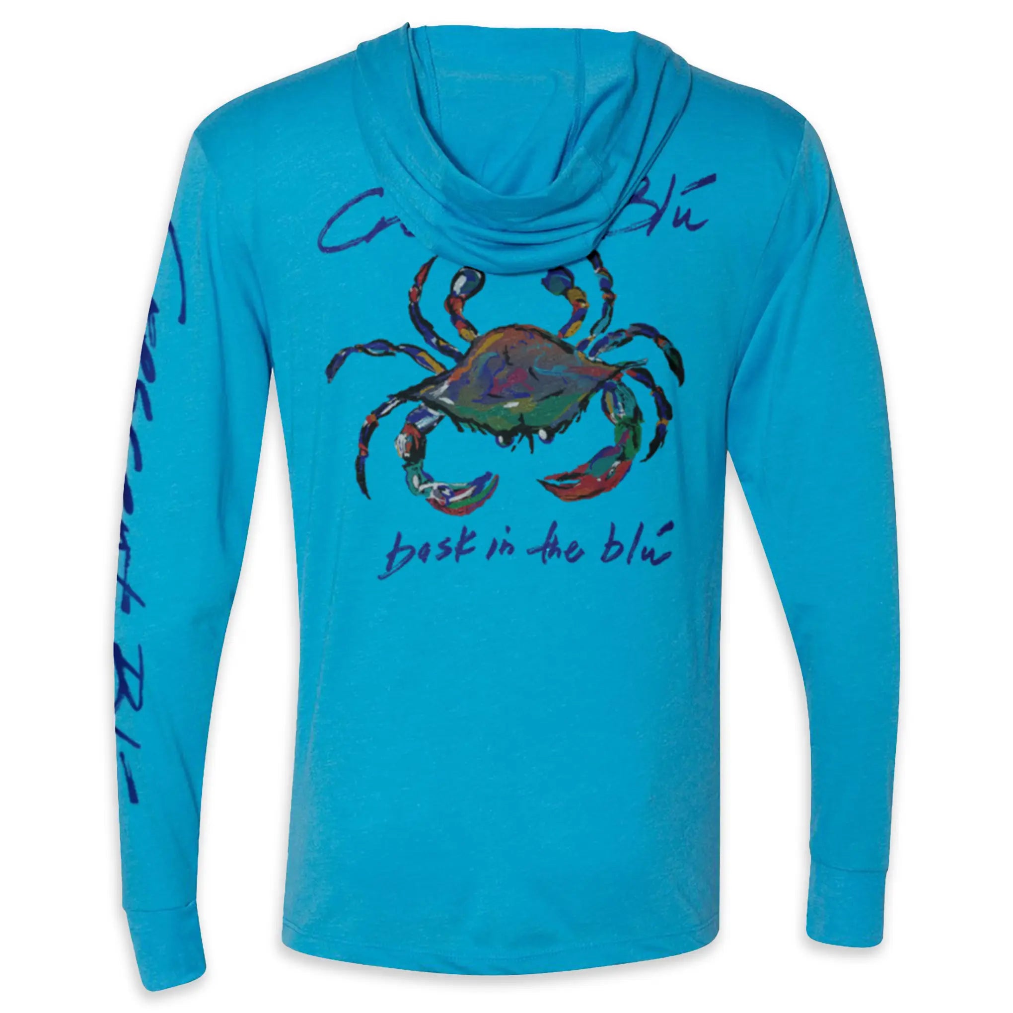 View of back of long sleeve hoodie tee in vintage turquoise color with large multi-colored crab printed on the back along with Bask in the Blu tagline.