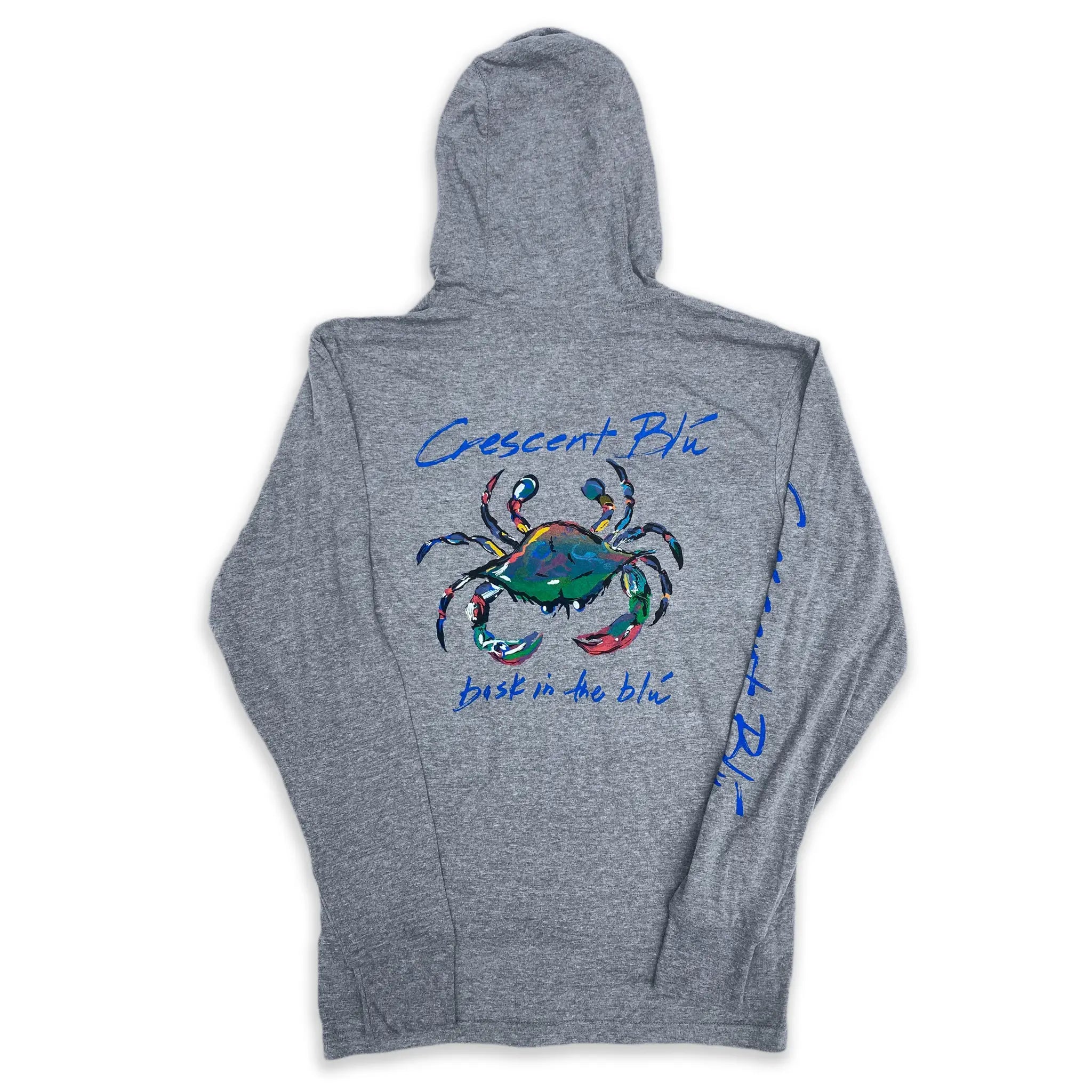 Adult hoodie tee in heather gray with Crescent Blu's colorful blue crab centered on the back.  