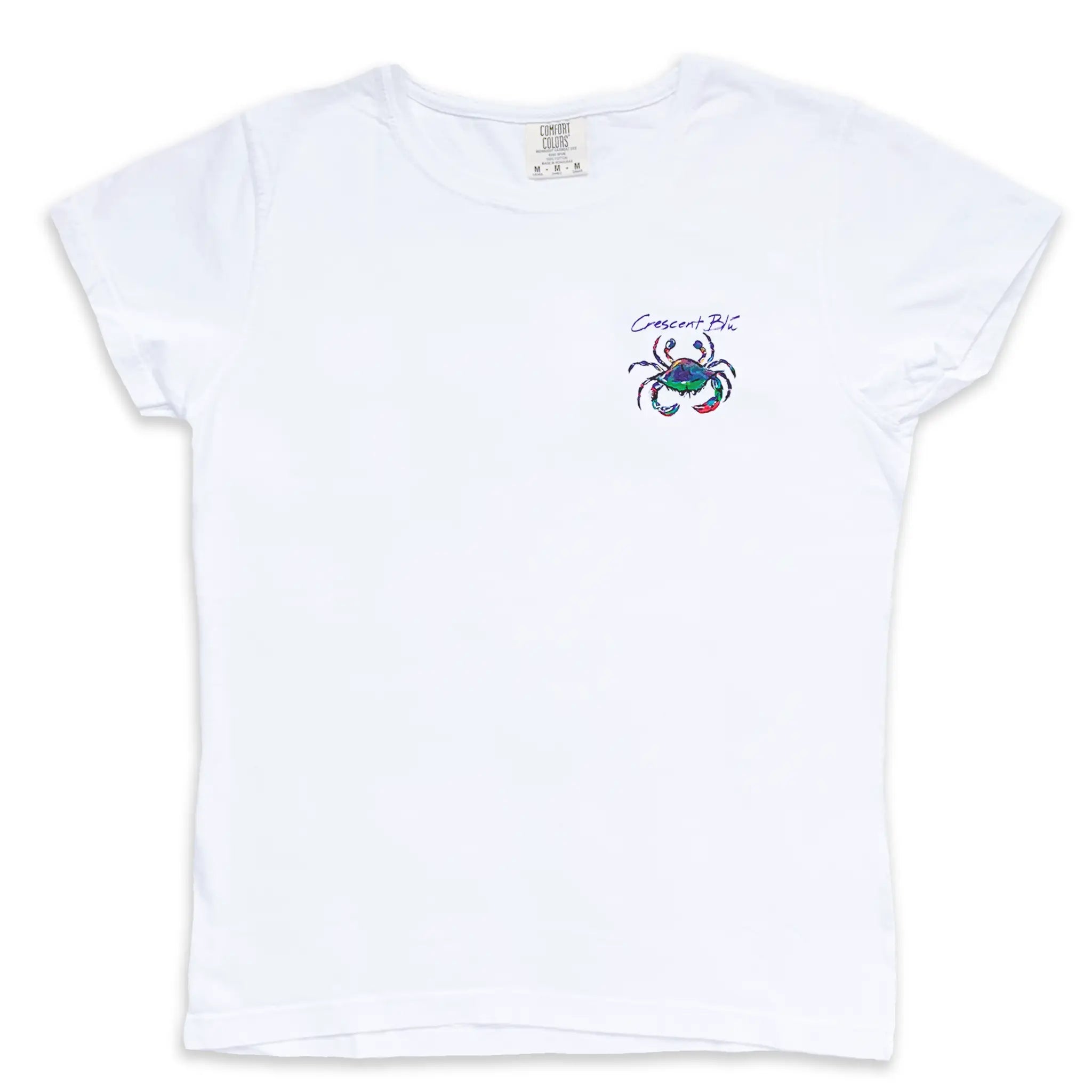 A white women's short sleeve tee with "Crescent Blú"  written above a blue crab.