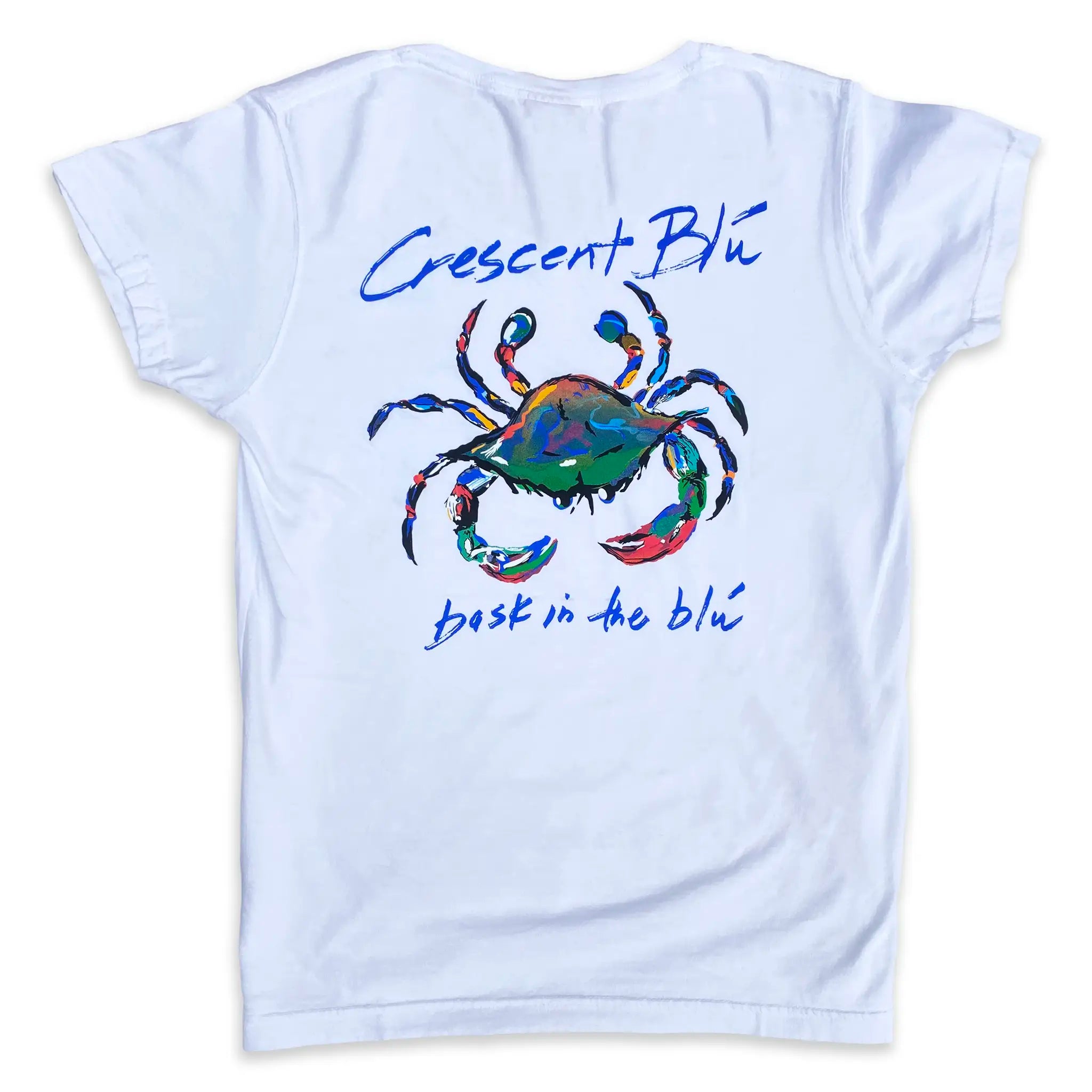 The back of a women's white short sleeve t-shirt with the Crescent Blu crab logo on the back.