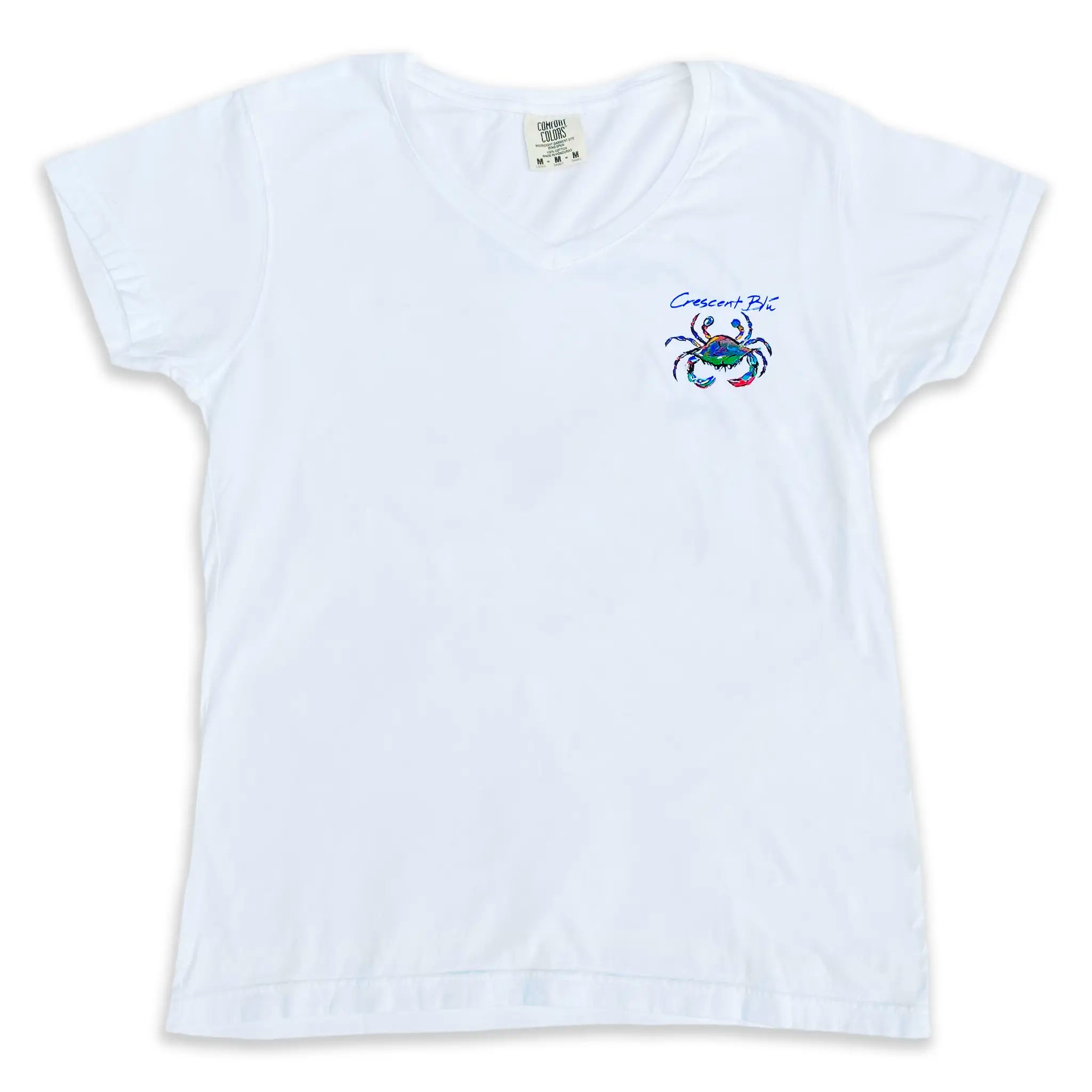 The front of a white women's v-neck t-shirt with Crescent Blu and a blue crab on the front.