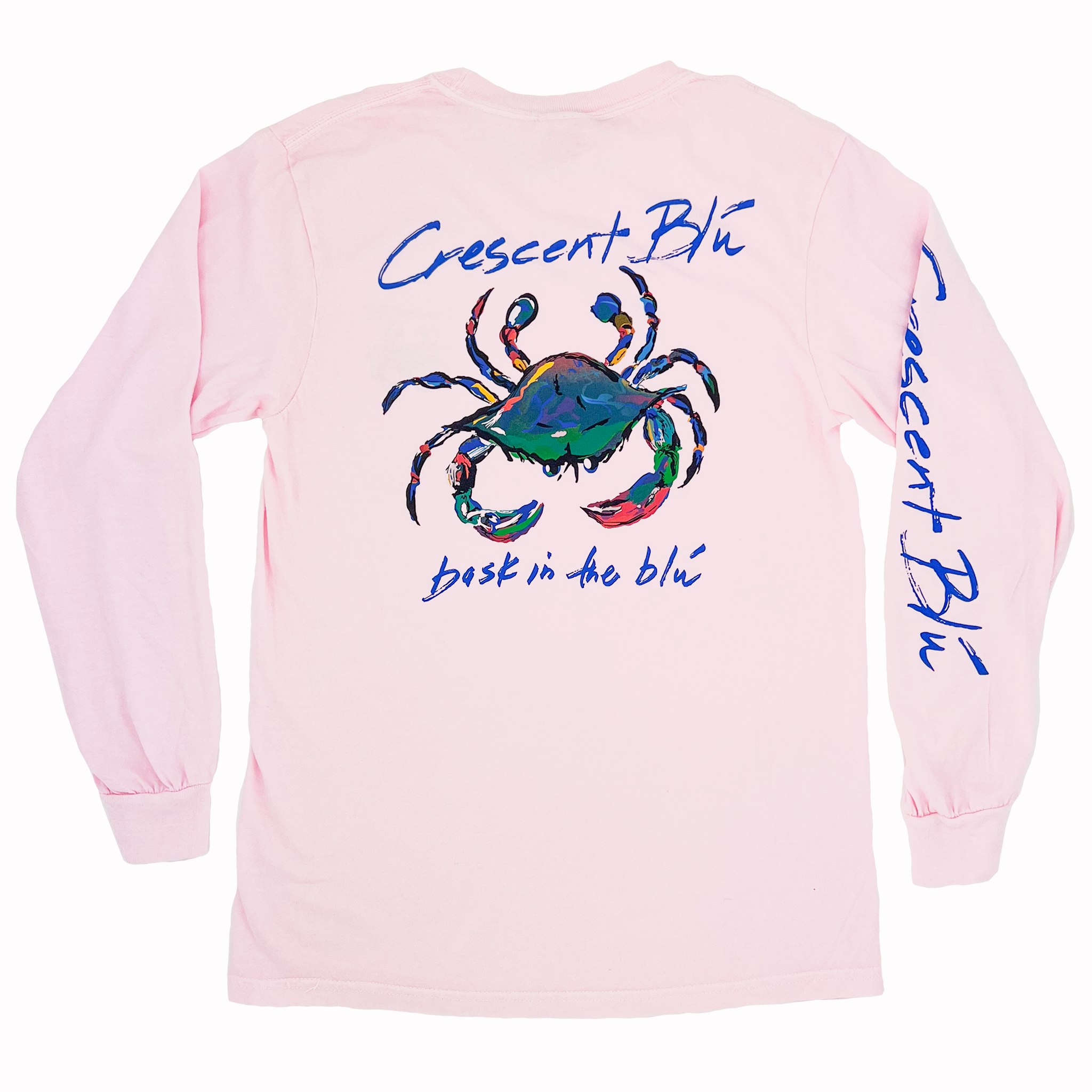 Back view of adult long sleeve t-shirt in pink blossom with large multi-colored Signature crab logo printed and Crescent Blu printed along the right sleeve. 