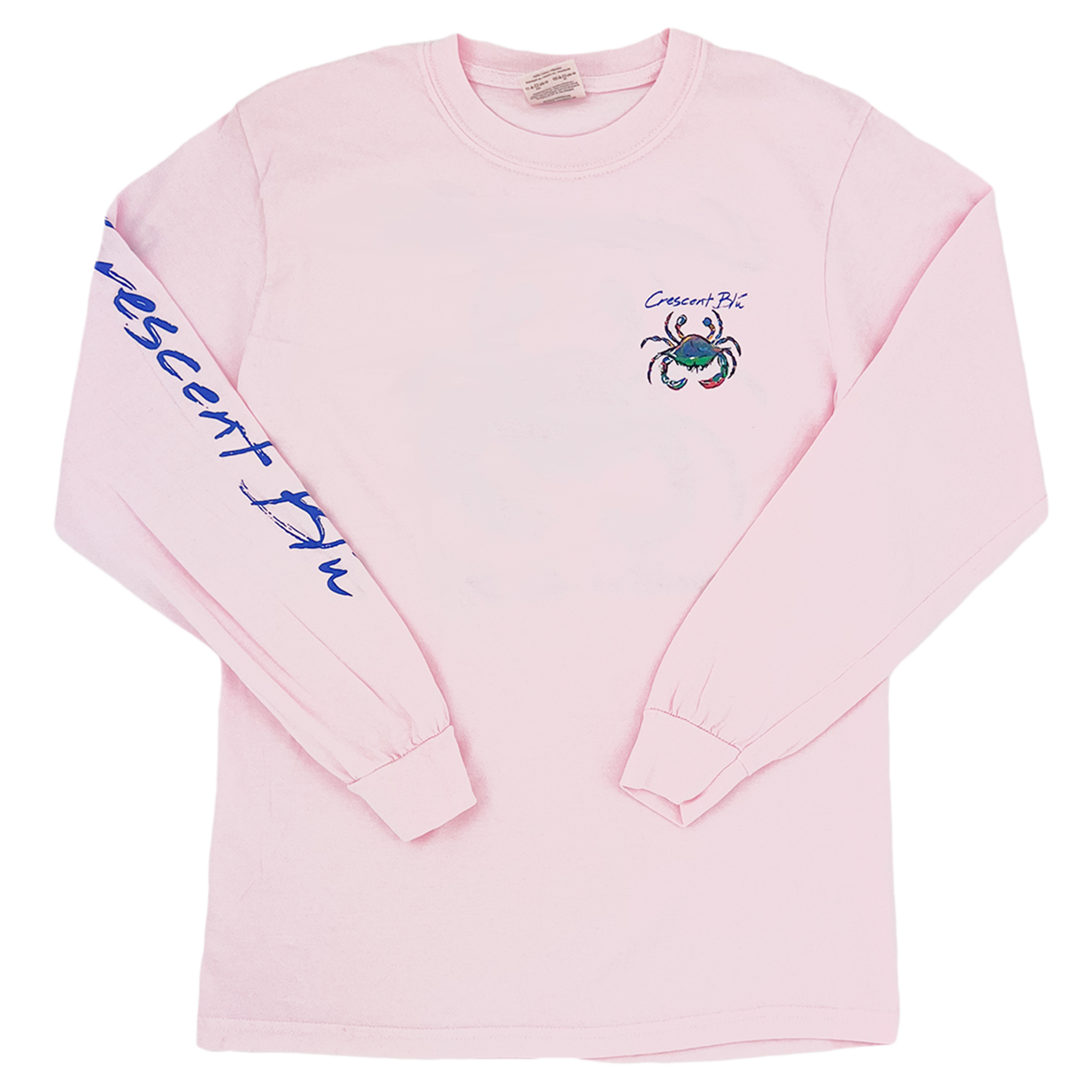 Front of Adult long sleeve Pink Blossom colored tee with Bask in the Blu printed along the right sleeve and small multi-colored logo on the left upper chest.