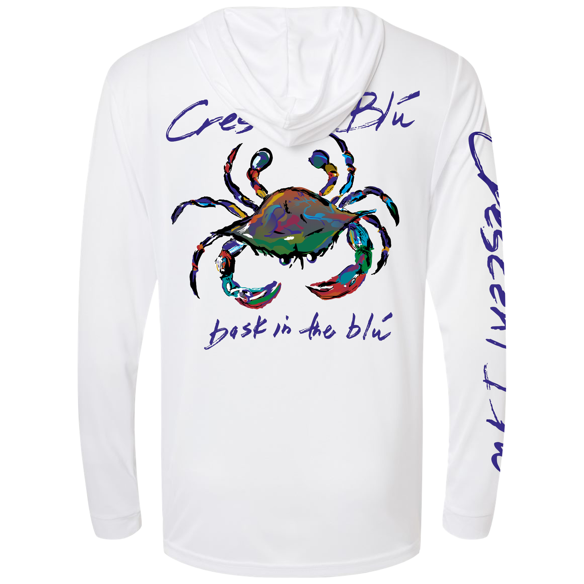 White Hoodie long sleeve Performance Sun Shirt with UPF 50+. Crescent Blu written on the right sleeve. Large multi-colored crab logo featured on the back. 