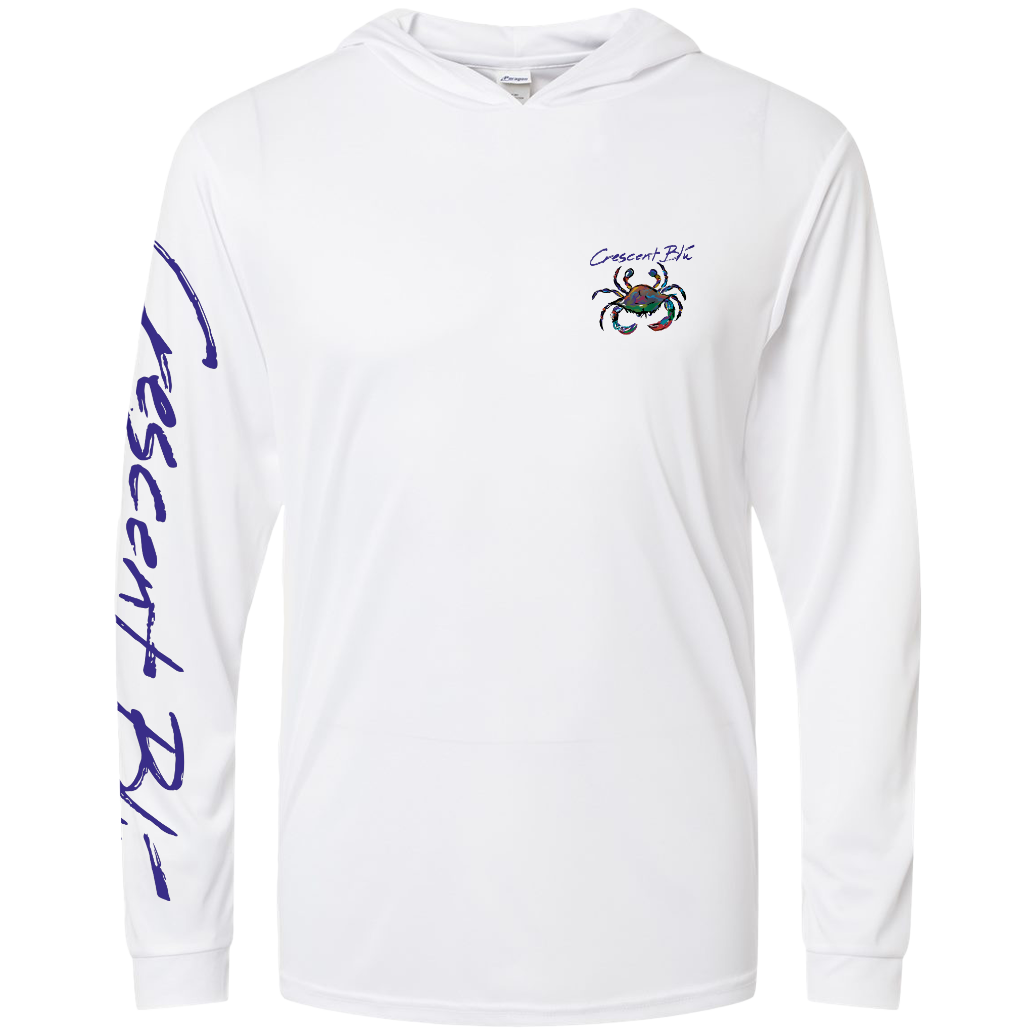 View of the front of an adult long sleeve Performance Sun shirt with Hoodie. UPF 50+. Crescent Blu printed along the length of the right sleeve. Multi-colored Crescent Blu logo printed on the left upper chest