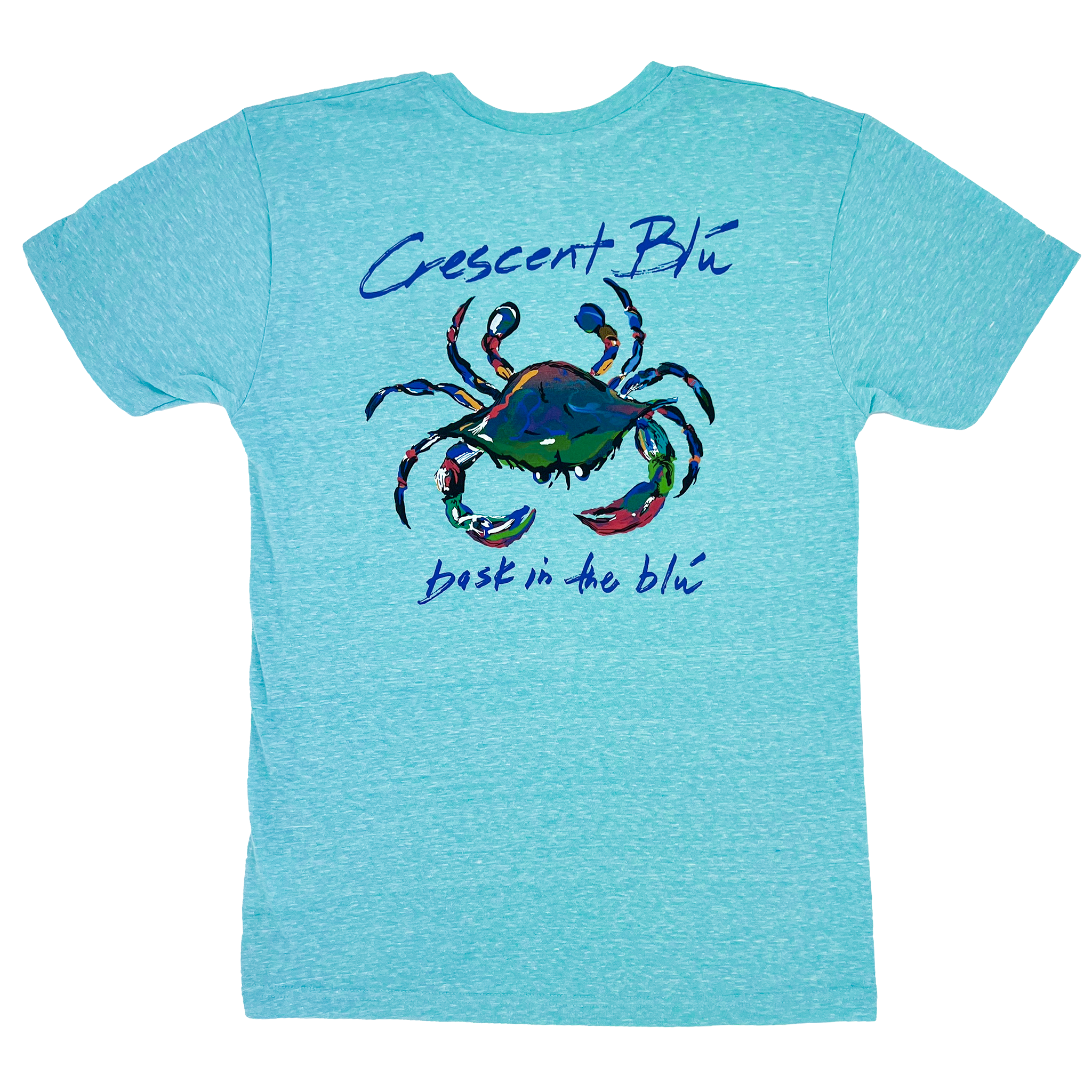 Back view of short sleeve adult Crescent Blu multi-colored crab logo with Crescent Blu and Bask in the Blu printed above and below. Carribean Malange color.