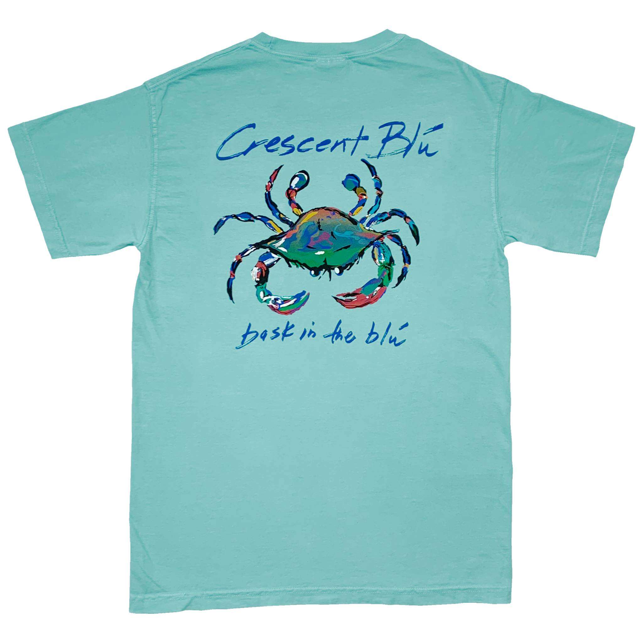Adult Short Sleeve Chalky Mint t-shirt view of the back with large multi-colored crab logo and Crescent Blu printed