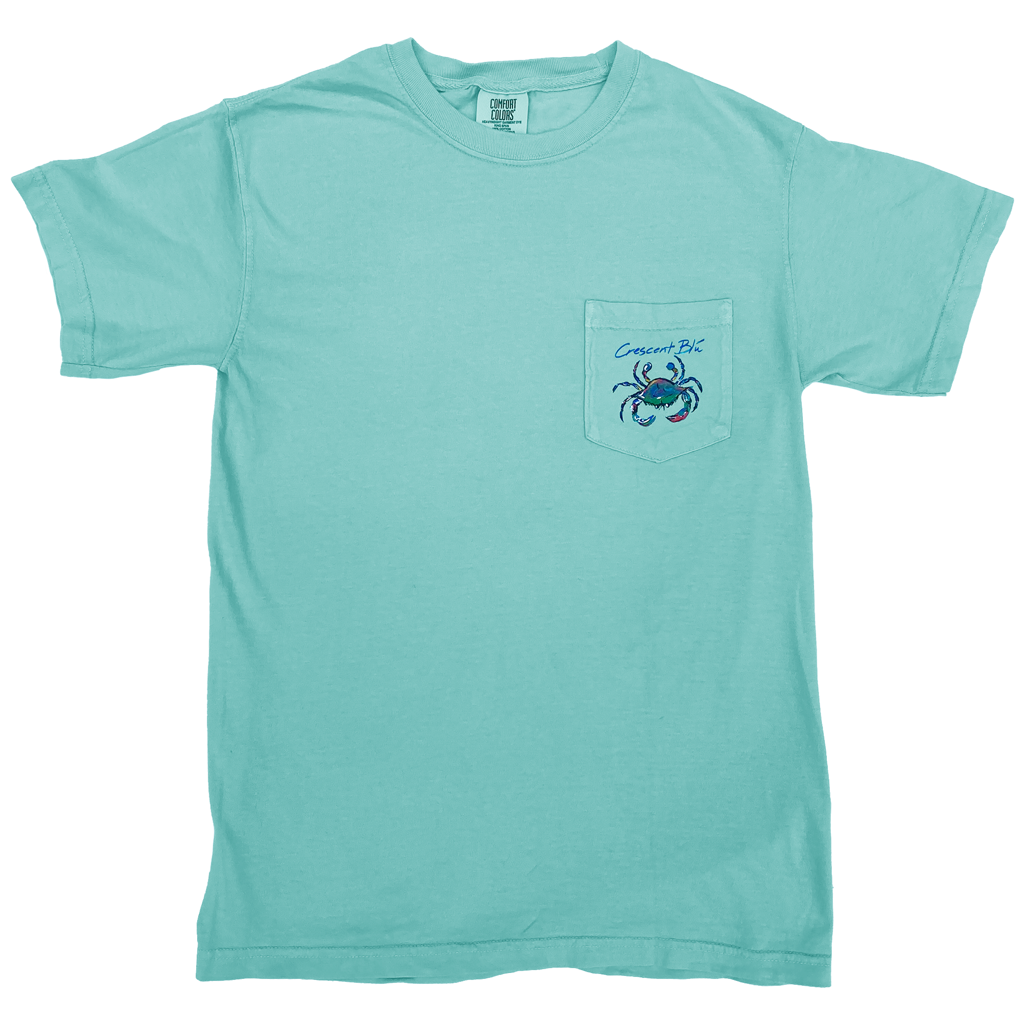 Front view of an adult short sleeve t-shirt with the words "Crescent Blu" and a small Crescent Blu Signature crab logo printed on the front left chest pocket