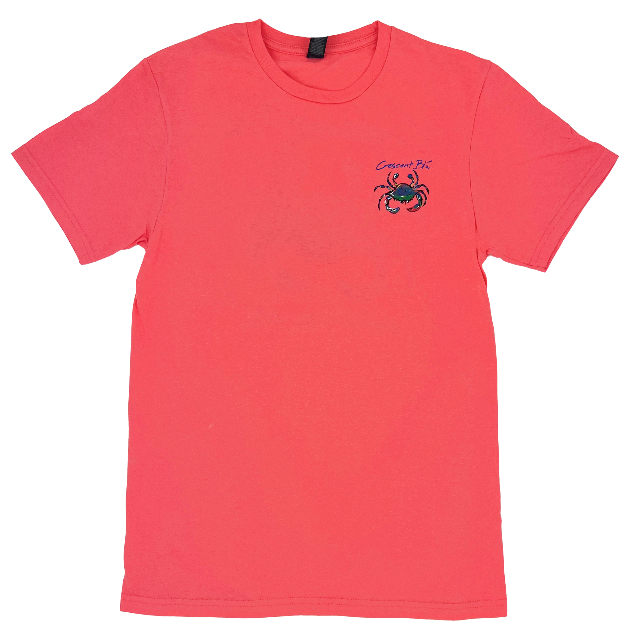 Front view of adult short sleeve shirt with multi-colored Crescent Blu Signature Crab logo on the front left chest. No pocket. Coral Silk colored shirt.