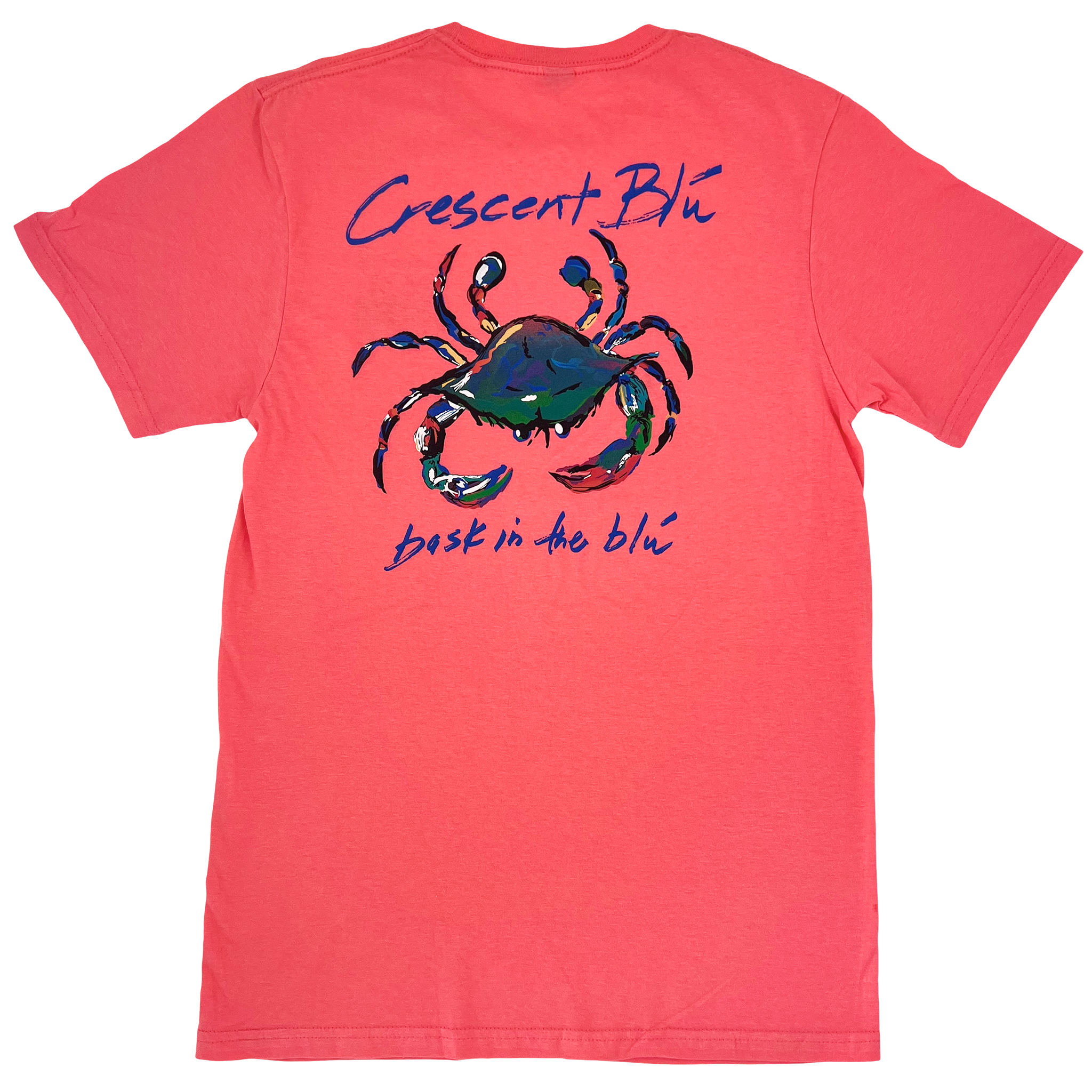 View of back of coral silk colored adult short sleeve t-shirt with large multi-colored Signature crab logo shown.