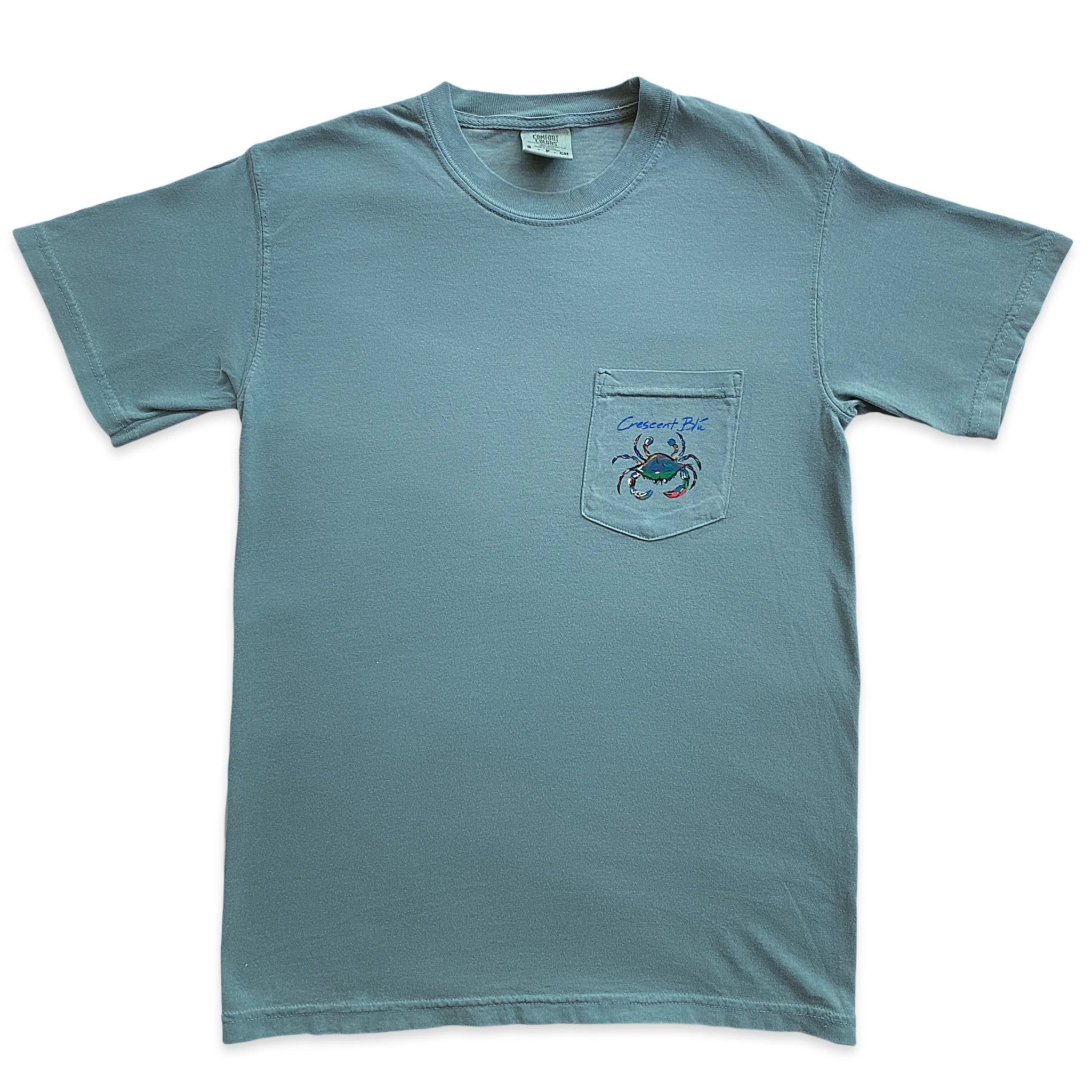 Front view of adult Ice Blue Short sleeve t-shirt with colorful crab logo printed on the front left chest pocket