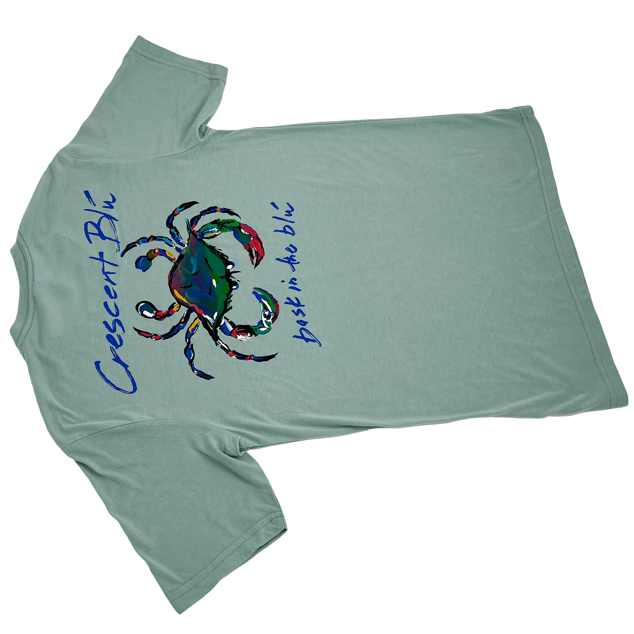 Angled view of Adult short sleeve Crescent Blu t-shirt. View of the back. Stonewash Green color with multi-colored Crescent Blu crab logo shown. 