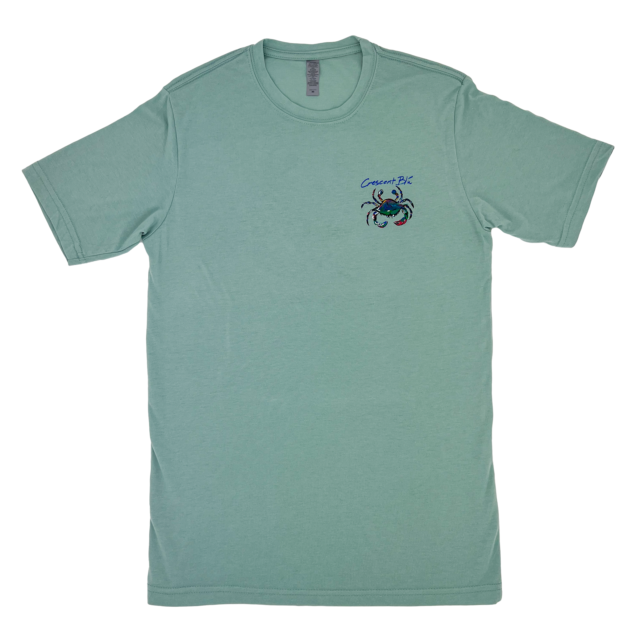 View of front of Stonewashed green adult short sleeve tee with multi-colored Crescent Blu crab logo on front left chest