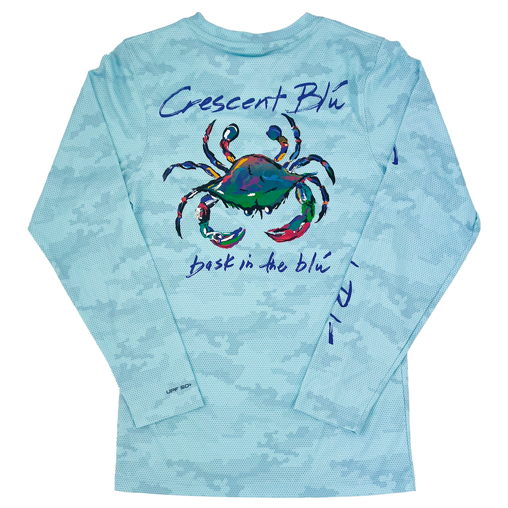 View of back of Aqua Camo adult long sleeve Performance Sun Shirt UPF 50+. Crescent Blu multicolored logo printed along with Bask in the Blu tagline. 