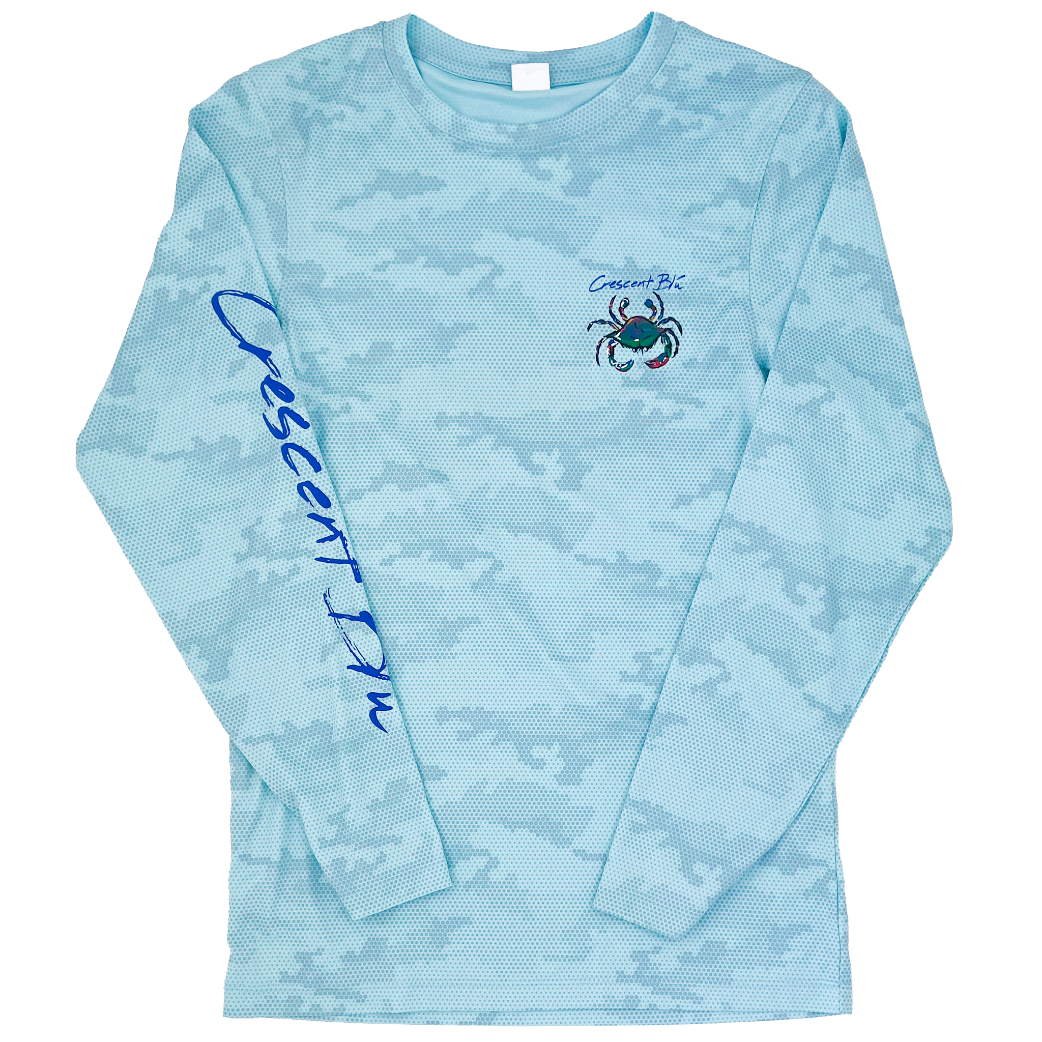 Front view of Adult Aqua Camo Performance UPF 50+ long sleeve. Crescent Blu printed on right sleeve. Left uppr chest with Crescent Blu Signature crab logo.