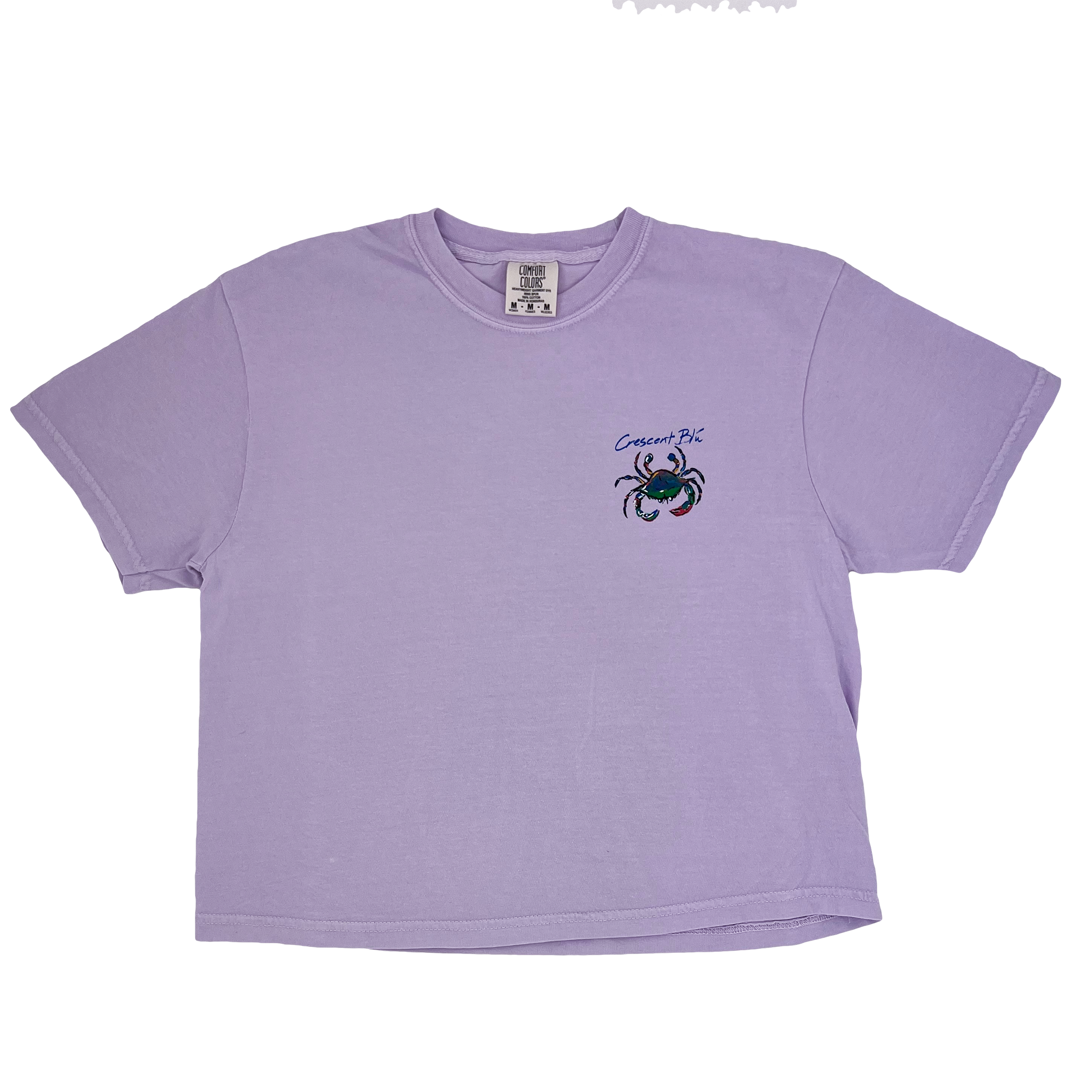 Front view of Ladies Boxy tee in Orchid color. Crescent Blu multi-colored Signature Crab logo on the upper left chest. 