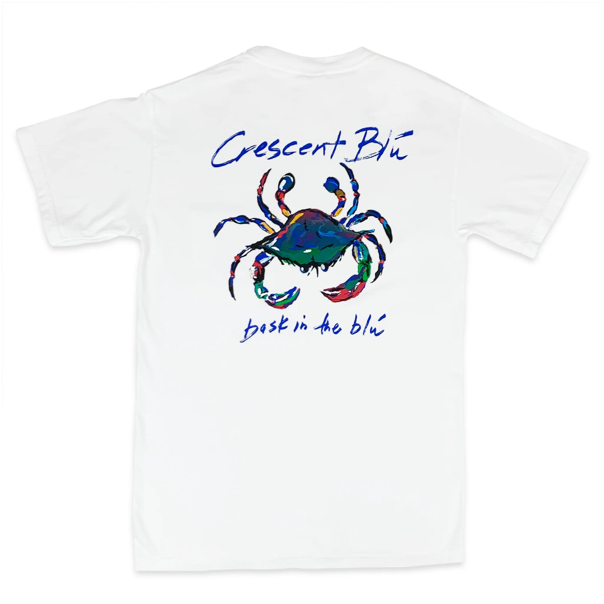 Back of a white Crescent Blu Tee with a large multi-colored crab in center and Crescent Blu and Bask in the Blu printed above and below the crab image