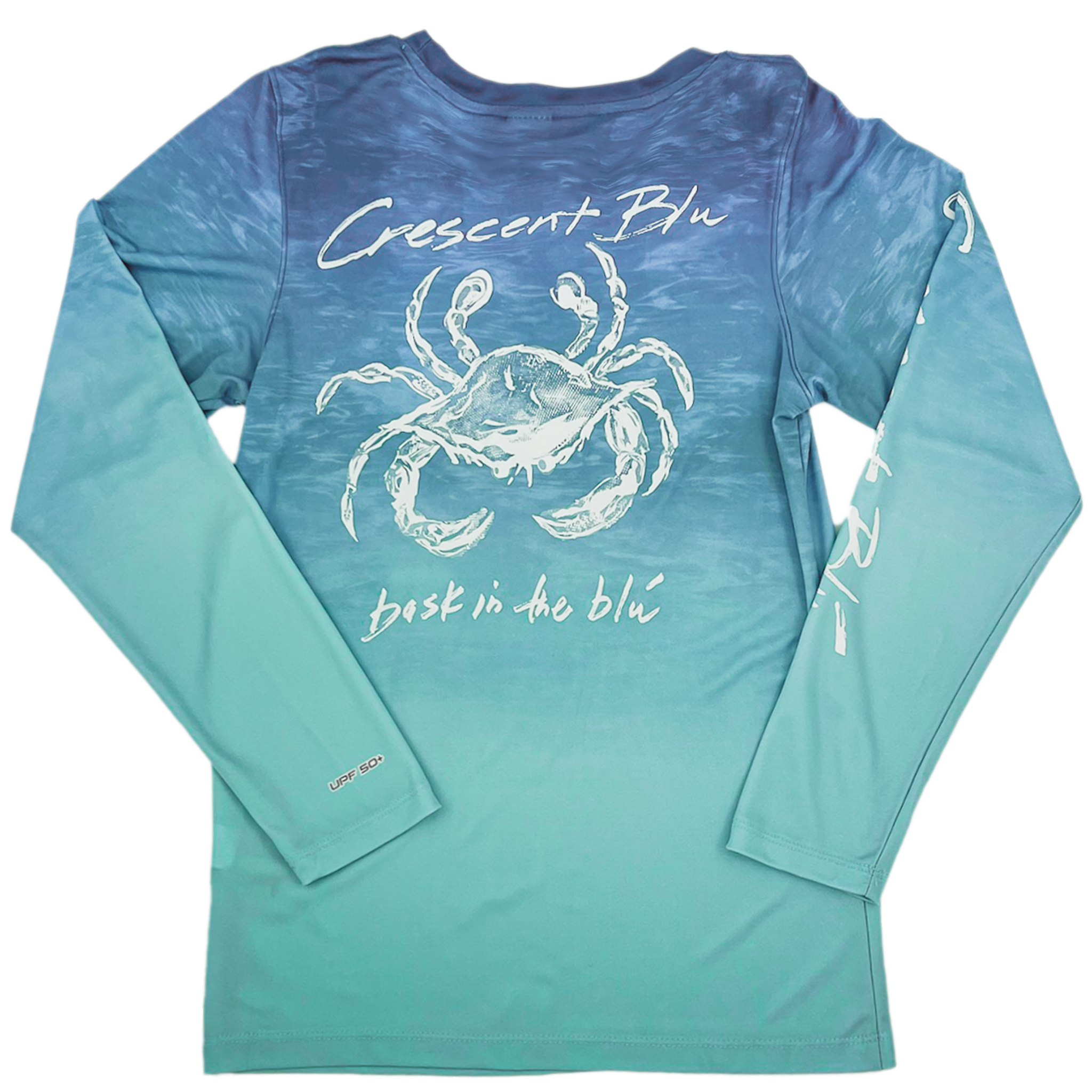 A long sleeve shirt that fades from blue to aqua and has a white crab center on the back.