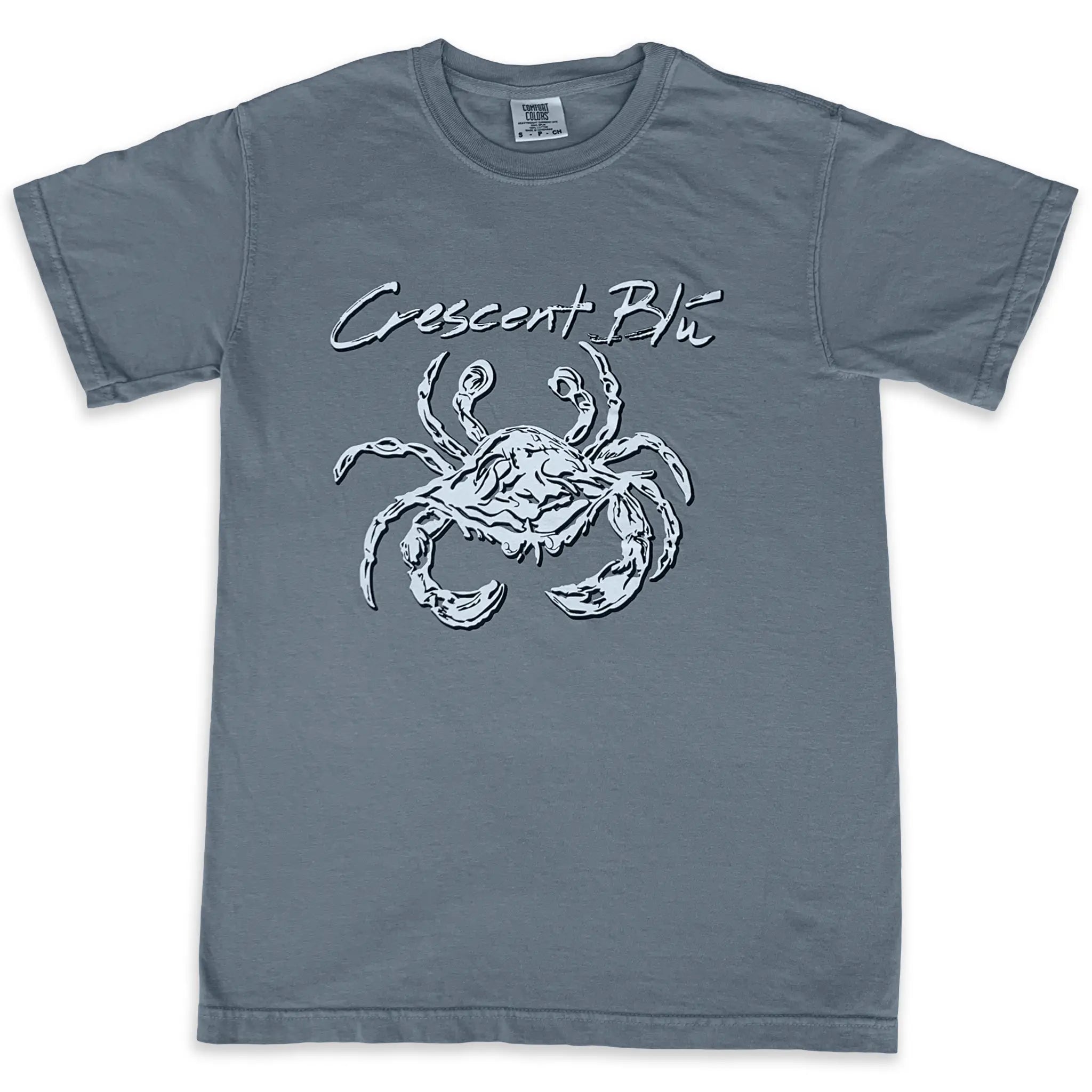 Short sleeve grey comfort colors t-shirt with a white Crescent Blu crab on the front.