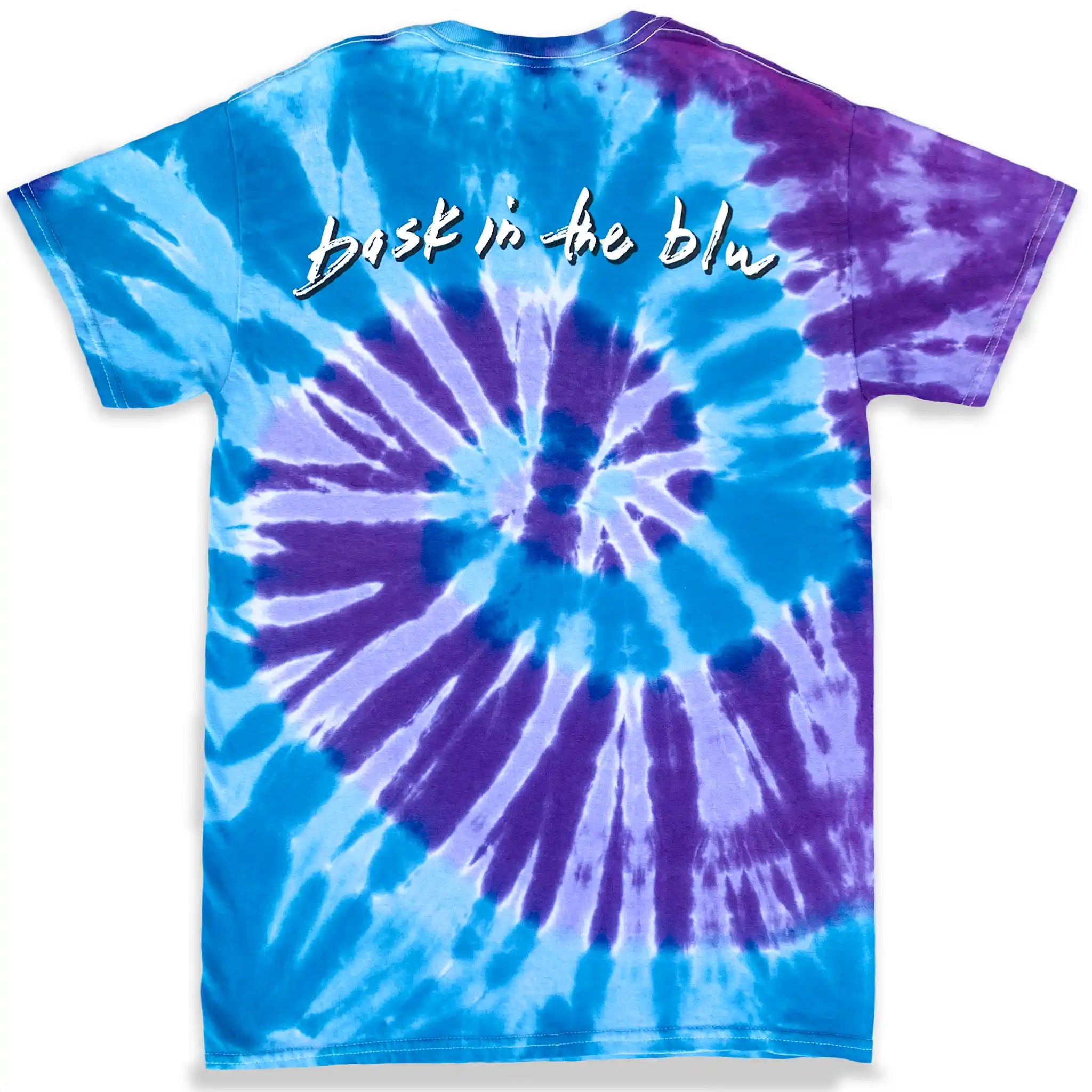 Tie-dye t-shirt with blue and purple swirl pattern and 'bask in the blu' written on the back.
