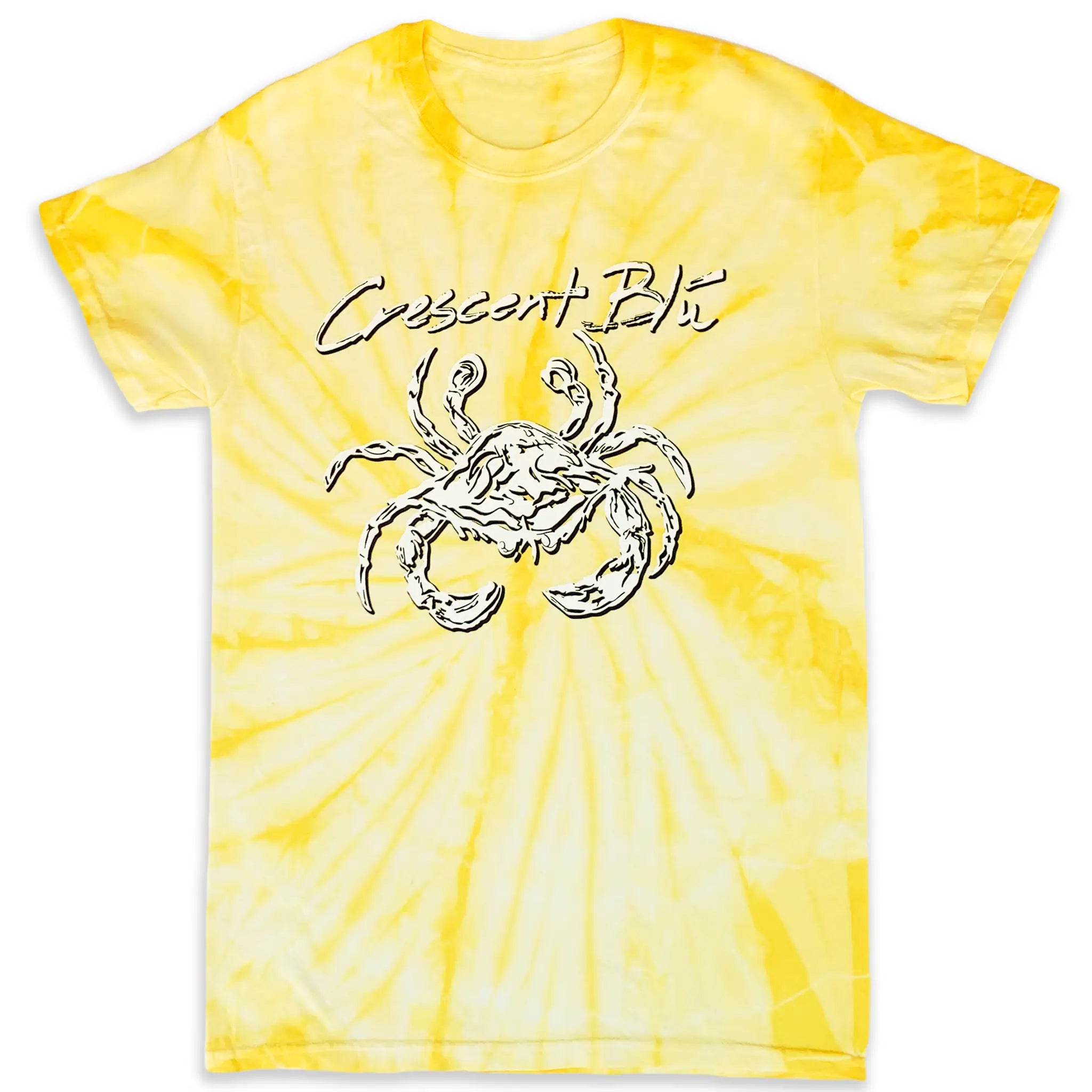 Yellow tie-dye t-shirt with a crab graphic and 'Crescent Blu' text the front.
