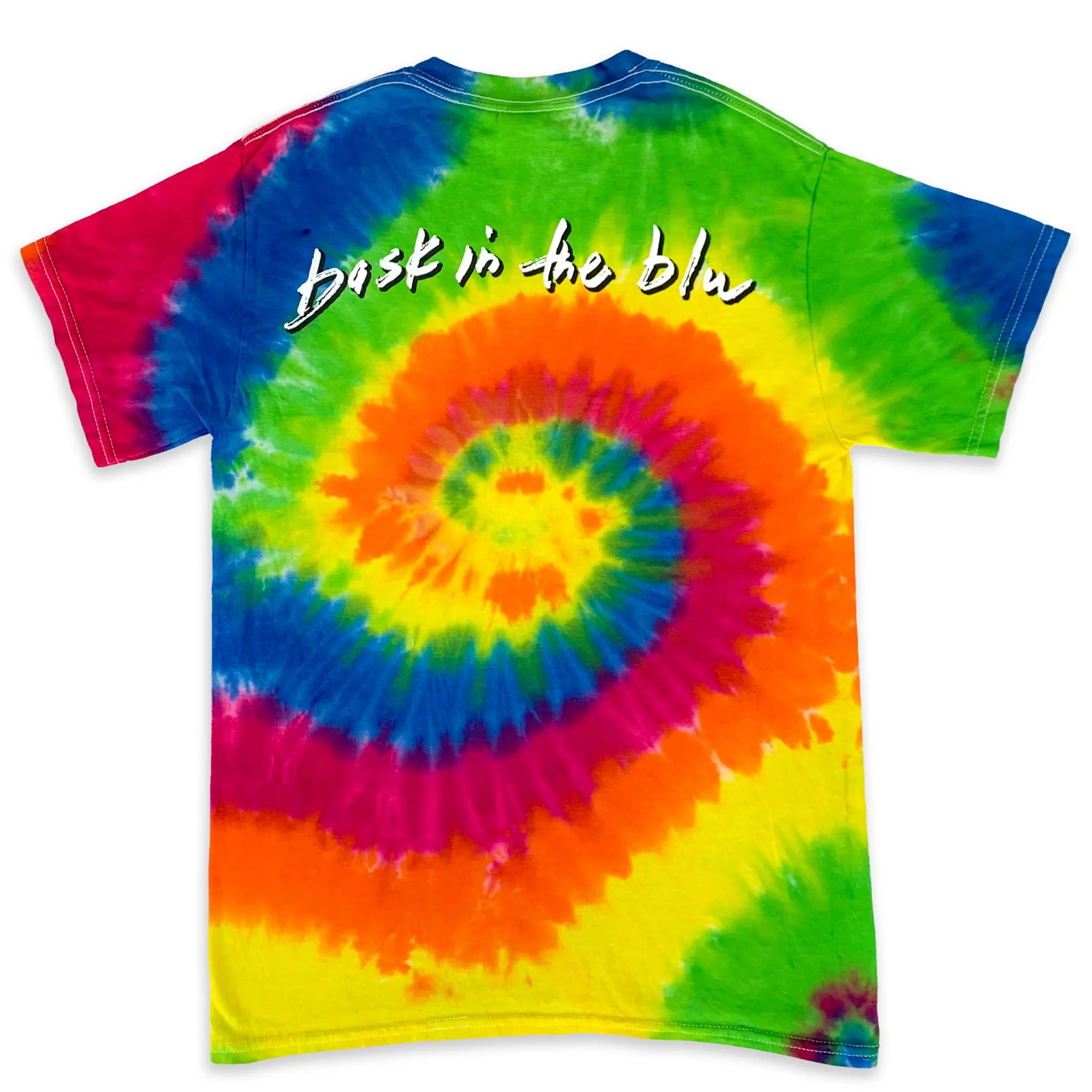 Tie-dye t-shirt with classic colorful spiral pattern and 'bask in the blu' text on the back written in white