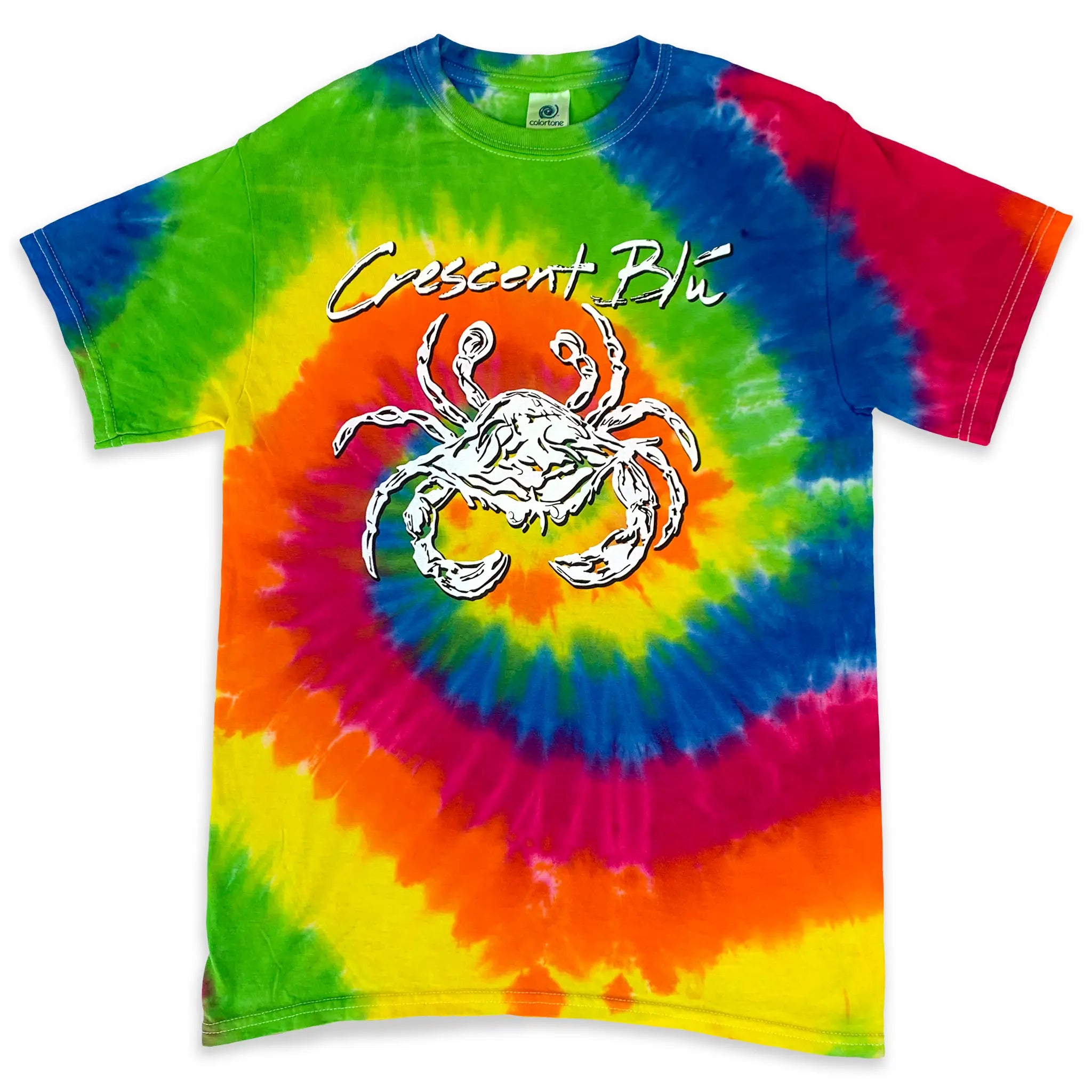 Classic rainbow spiral tie-dye t-shirt with a white Crescent Blu Voodoo crab graphic logo on the front